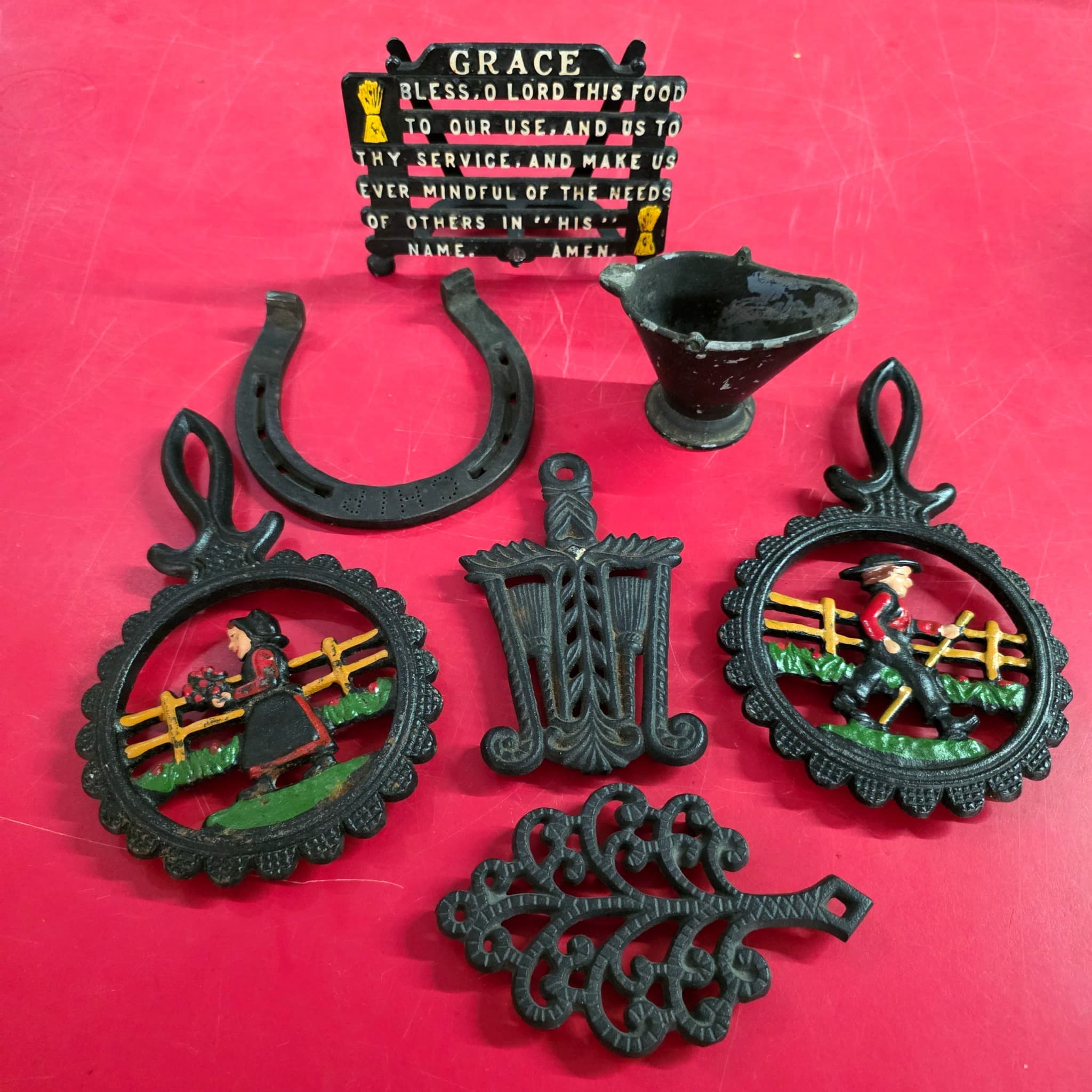 Vintage Cast Iron Lot of 7 โ Trivets, Horseshoe, Grace Sign