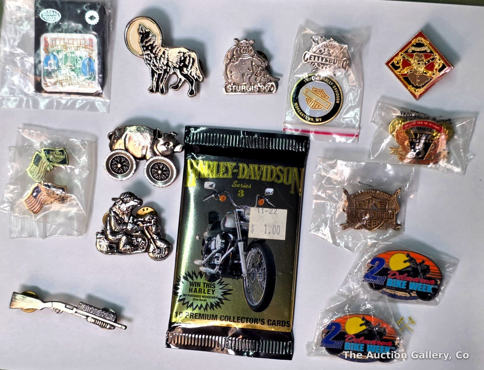 Harley-Davidson & Biker Collectible Pin Lot with Trading Cards, 14 Pieces