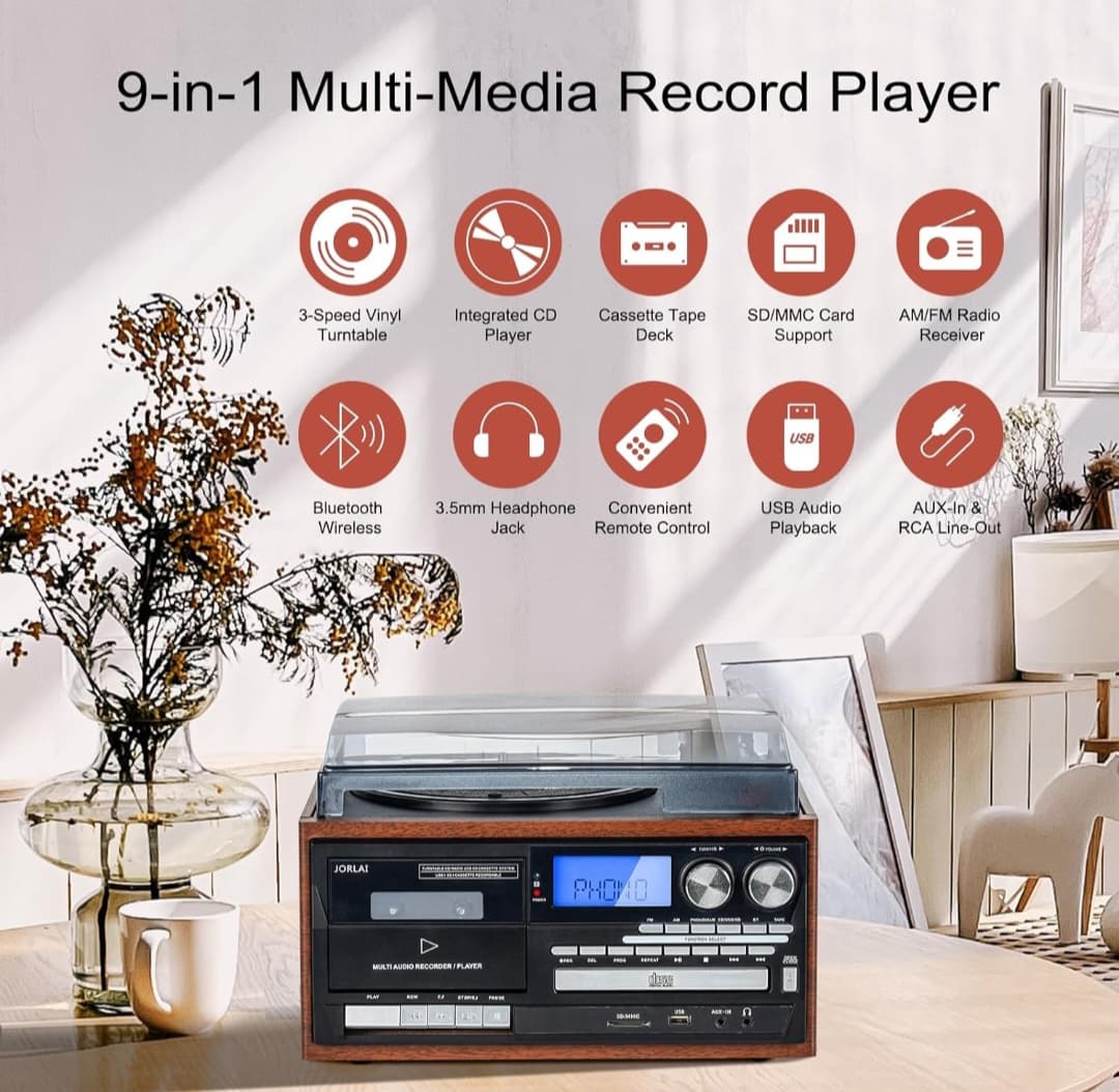 9 in 1 Bluetooth Record Player - 3 Speed Turntable - USB/SD - CD/Cassette - Remote Included