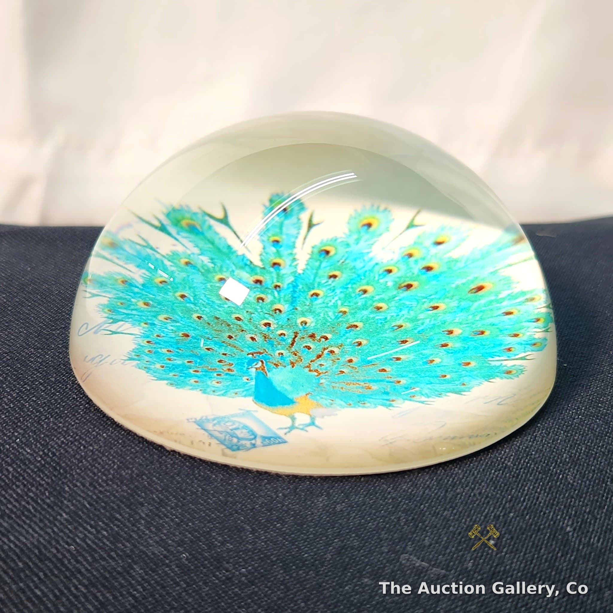 Glass Dome Paperweight, Peacock Design