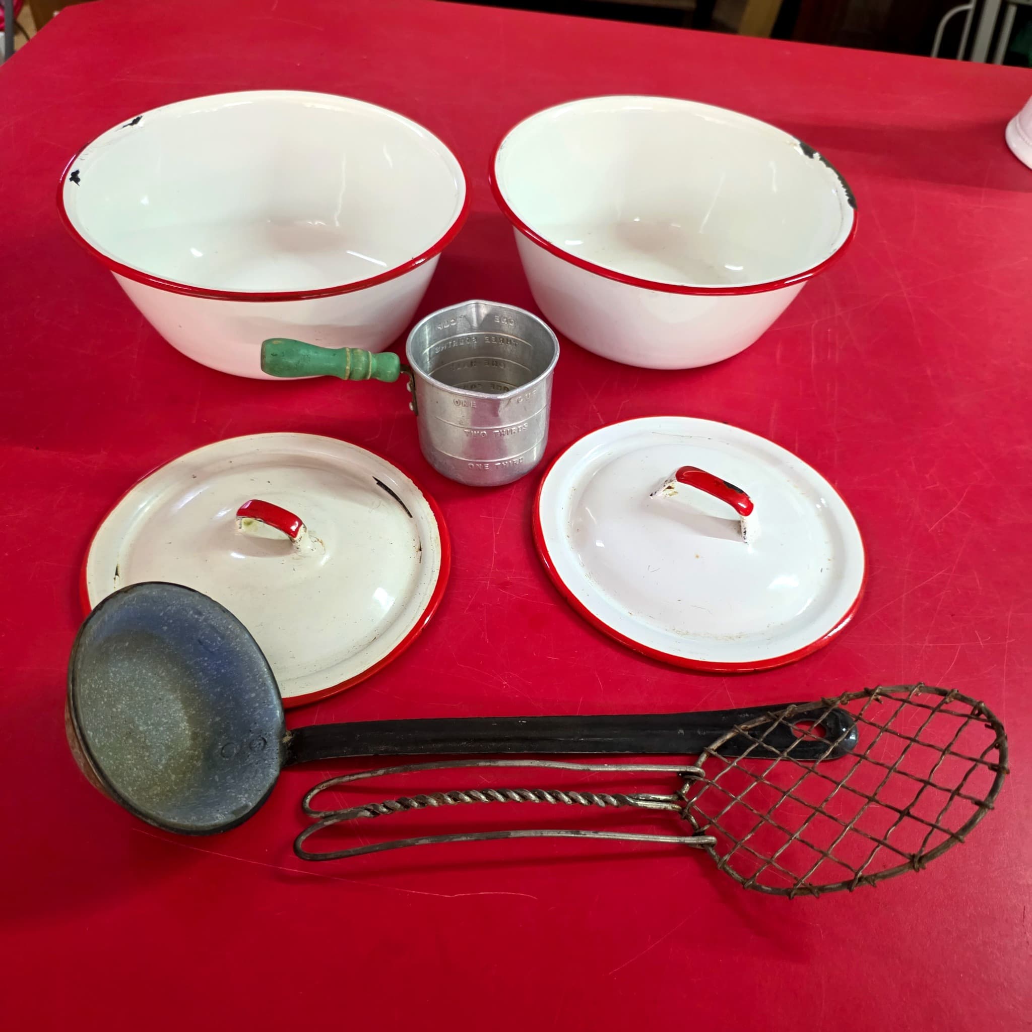 Vintage Red & White Enamelware Kitchen Lot, 7 Pieces