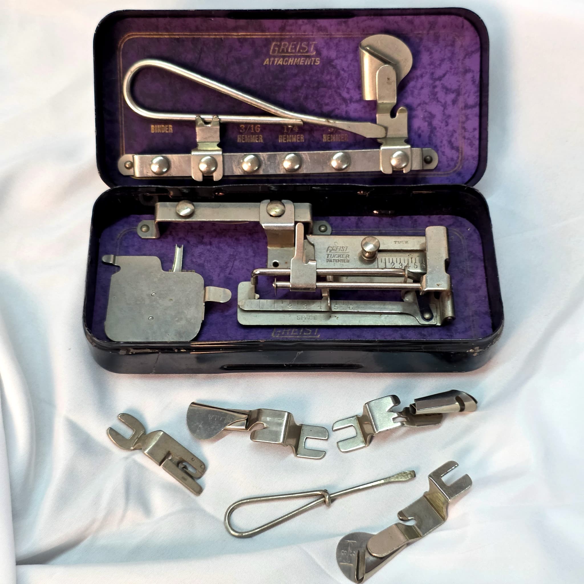 Greist Sewing Machine Attachments Set in Original Tin Case