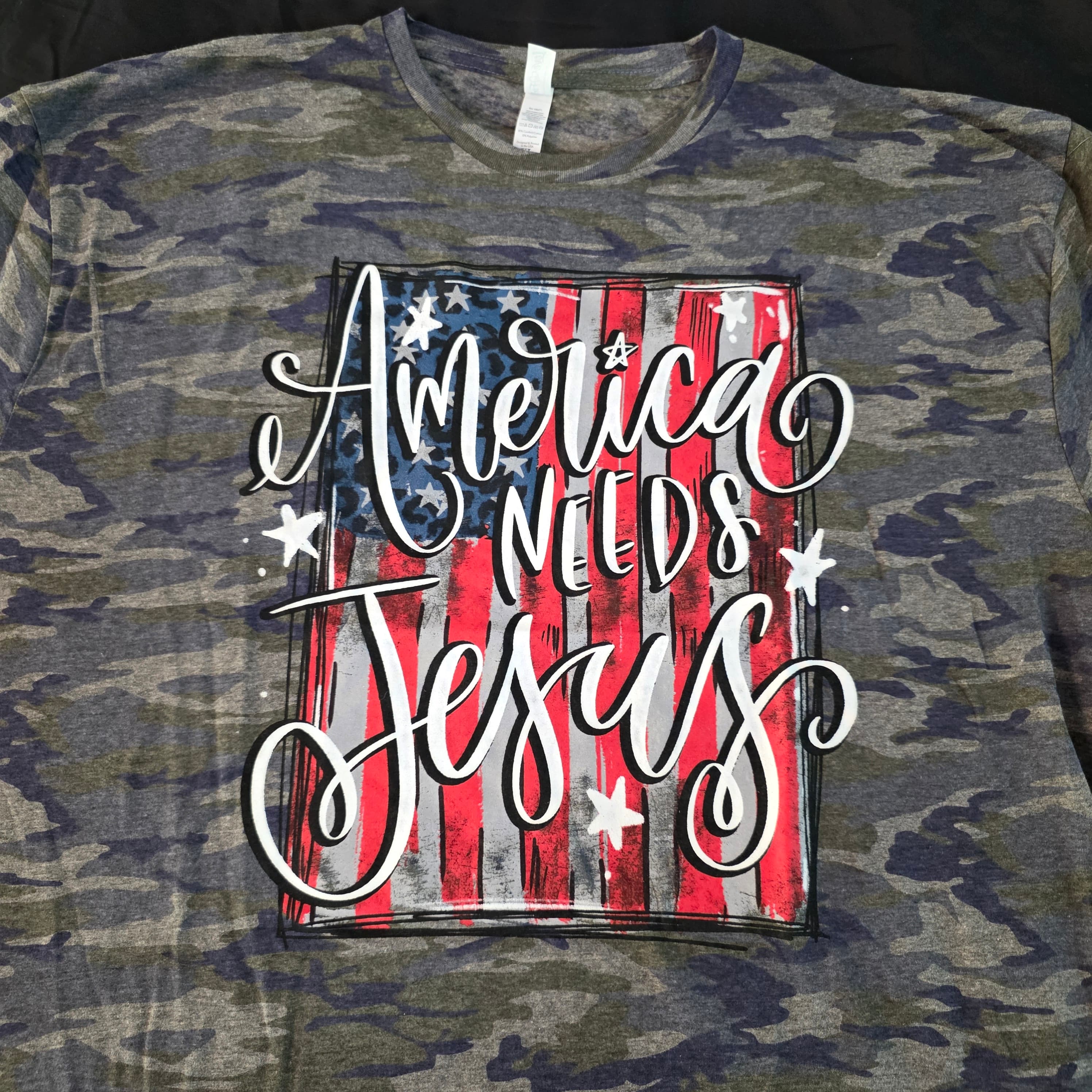 "America Needs Jesus" Camo Graphic T-Shirt, Size XL