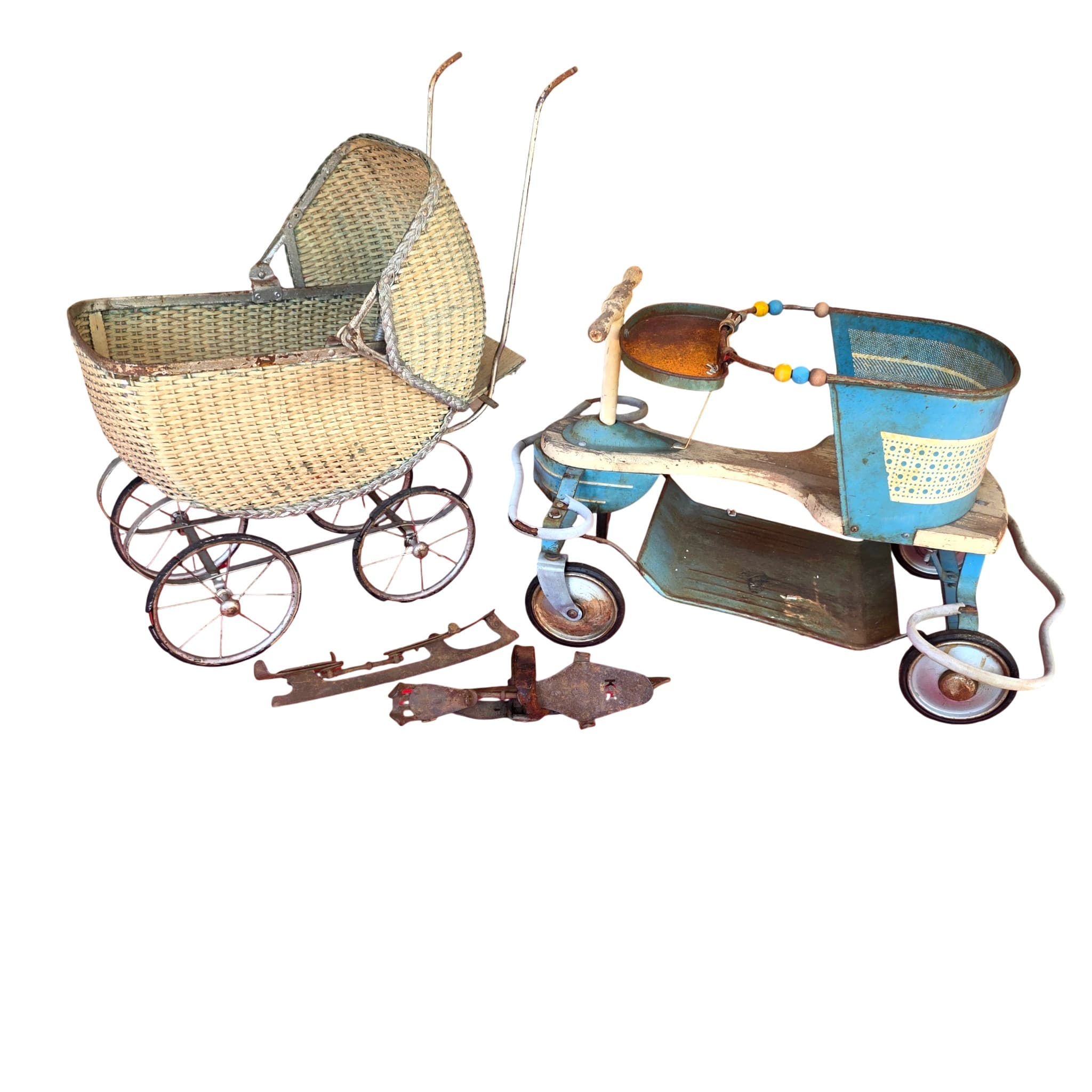 Vintage Wicker Doll Pram, Kiddie Kar Walker & Antique Ice Skates