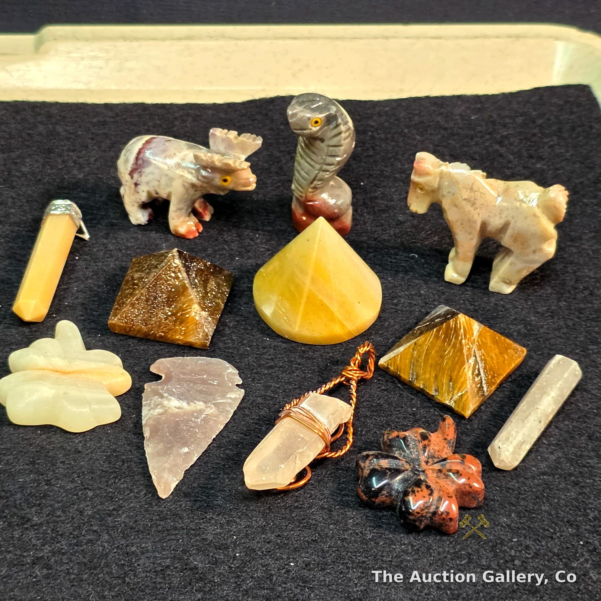 Mixed Lot of 12 Carved Stone Figures, Crystal Pieces & Arrowhead