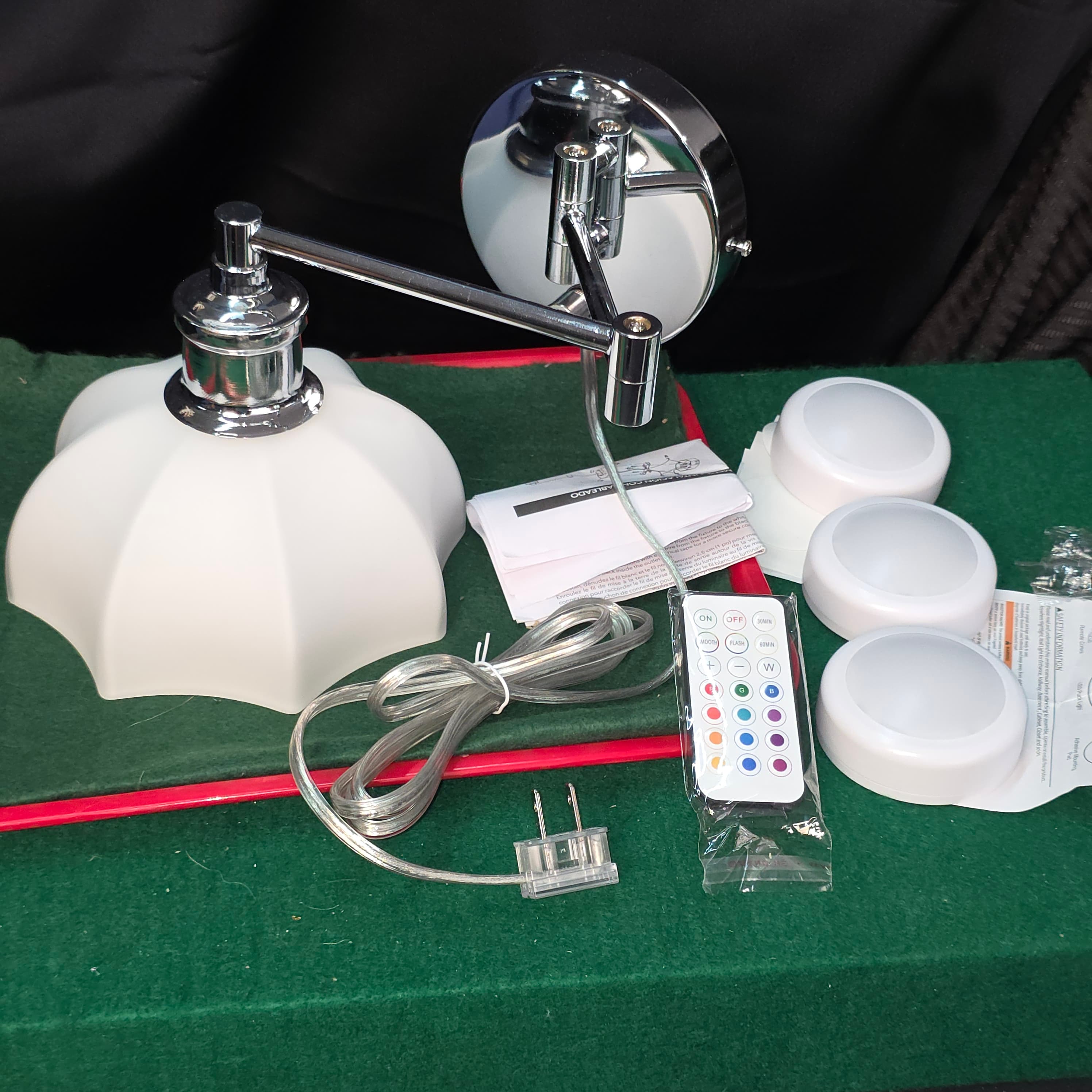 Chrome Swing-Arm Wall Sconce with Puck Light Set and Remote