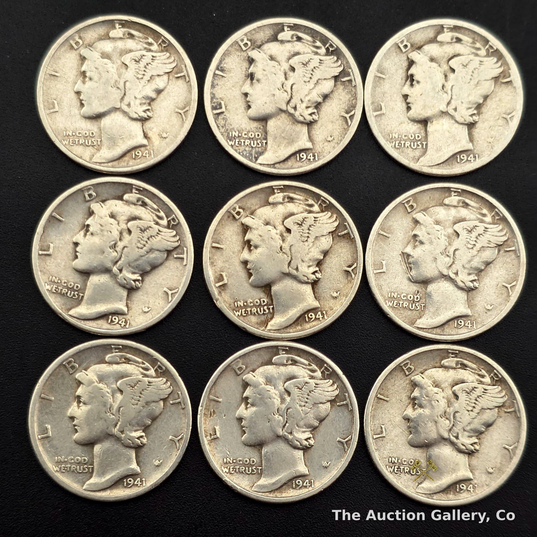 1941 Mercury Dime 90% Silver, Lot of 9