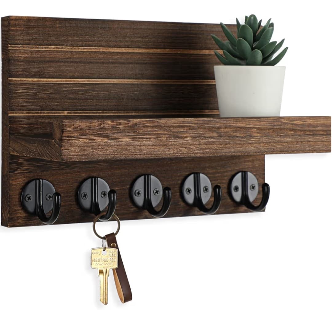 Key and Mail Holder with Shelf Has Large Key Hooks for Bags, Coats