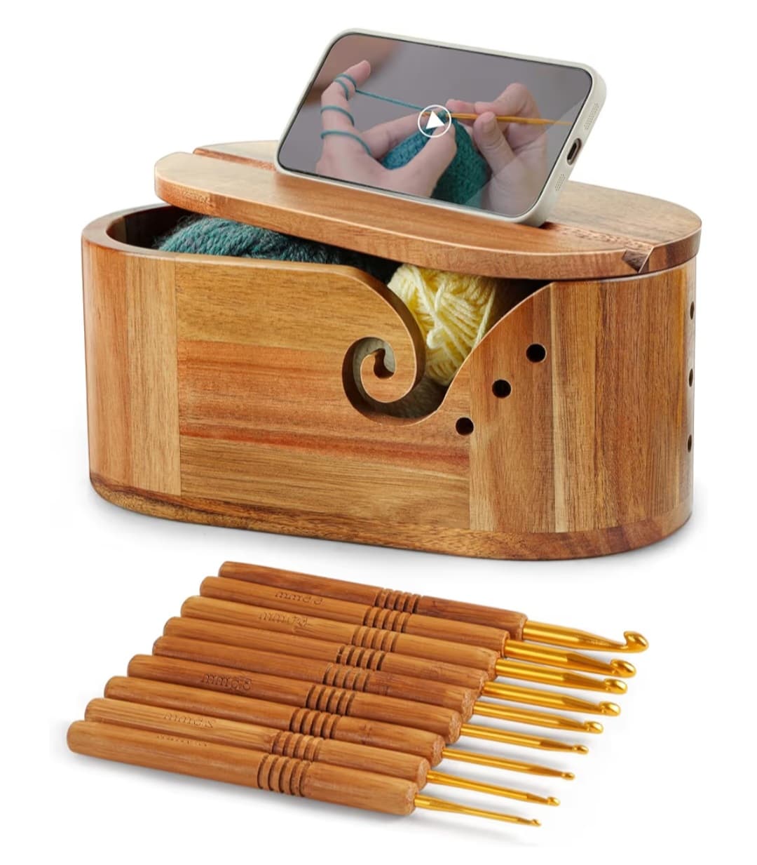 Wooden Acacia Yarn Storage Bowl - Includes 9pc Knitting Hooks