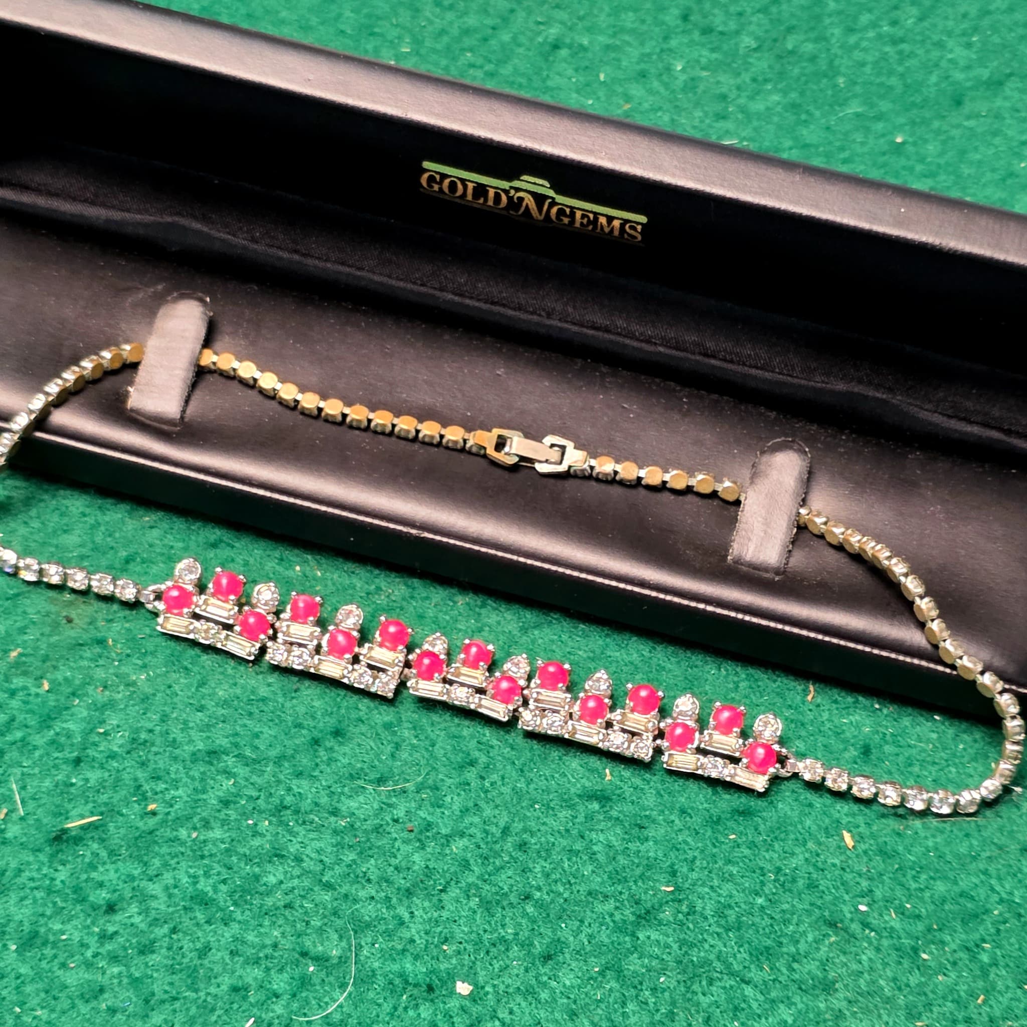 Vintage Rhinestone & Pink Cabochon Necklace with Gold-Tone