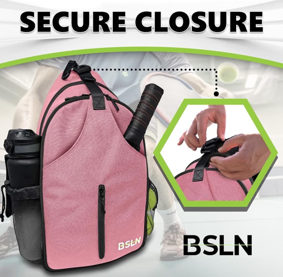Pickleball Crossbody Sports Bag - Adjustable Sling Bag with Hanging Fence Hook