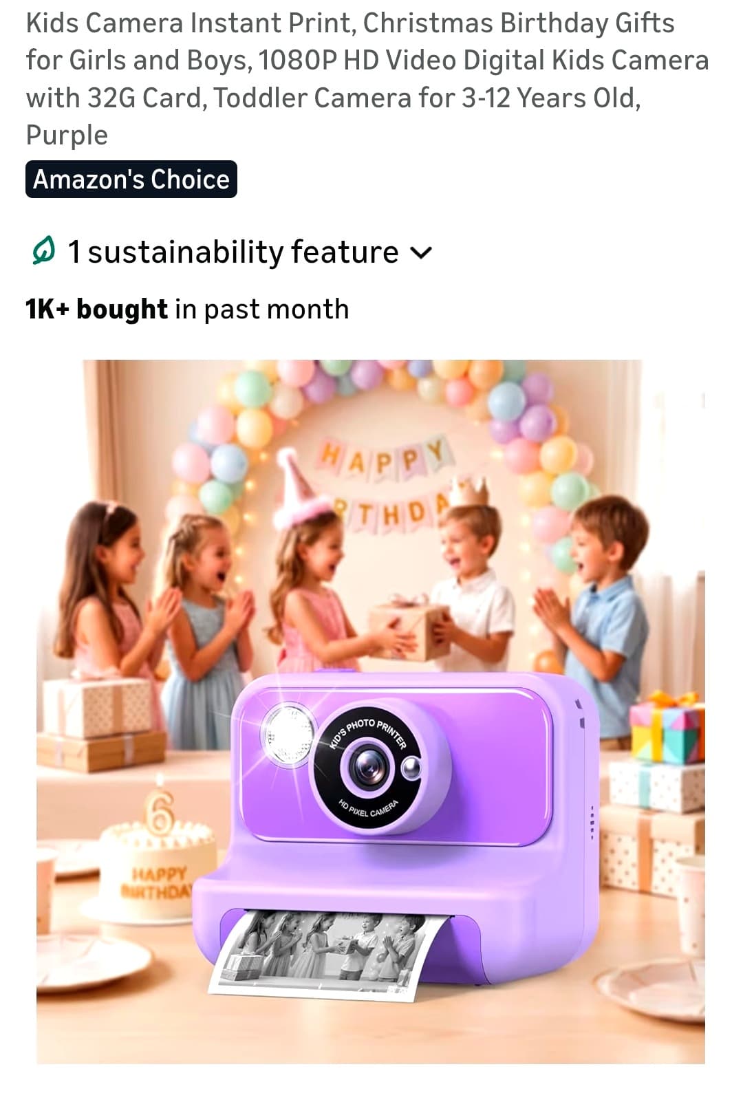 Kids Instant Print Digital Camera, 1080P HD, Purple, New