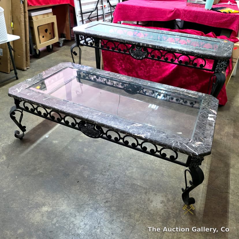 Wrought Iron & Faux Marble Glass-Top Coffee and Sofa Table Set
