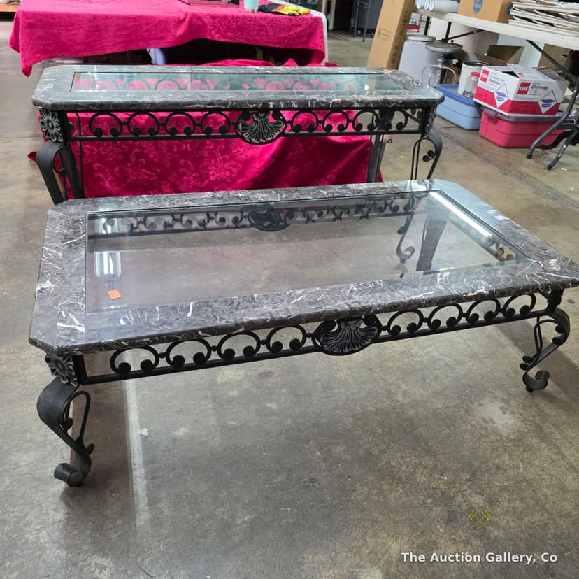 Wrought Iron & Faux Marble Glass-Top Coffee and Sofa Table Set โ photo 2