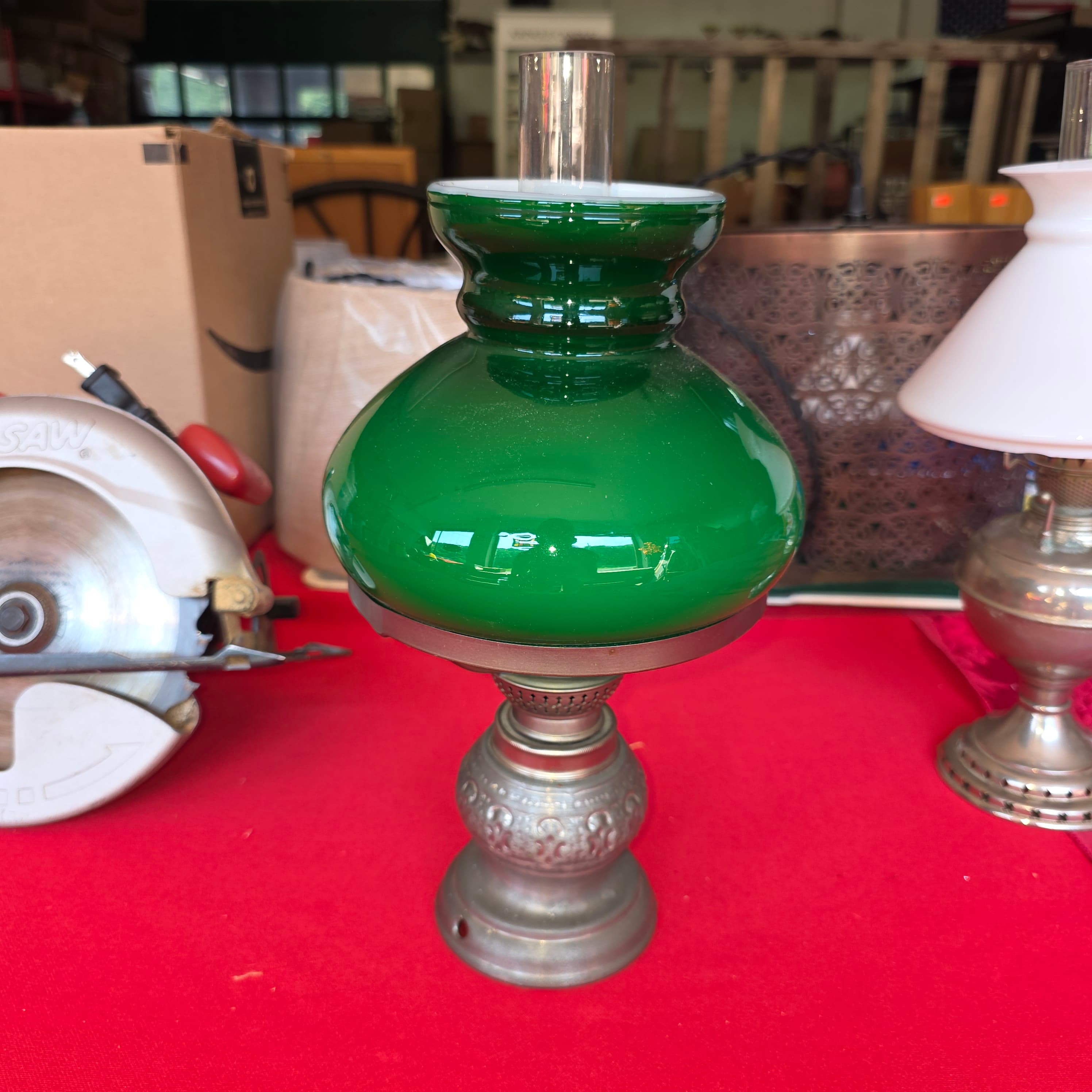 Old Green Glass Shade Lamp