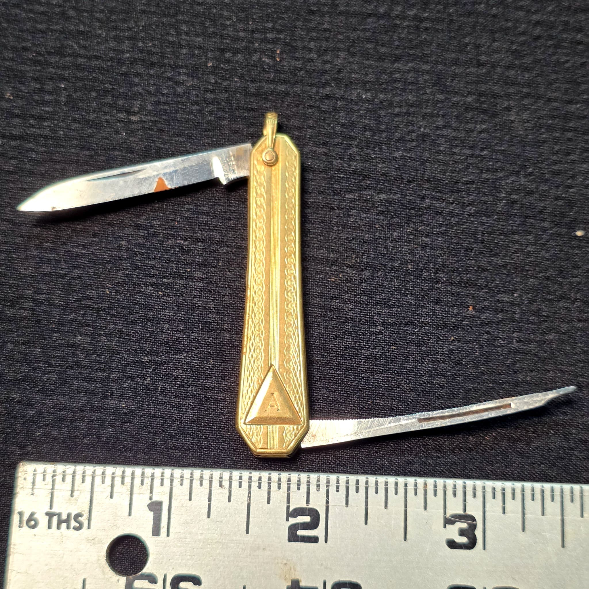 Vintage 10K Gold Watch Fob Pocket Knife, Art Deco Engine-Turned