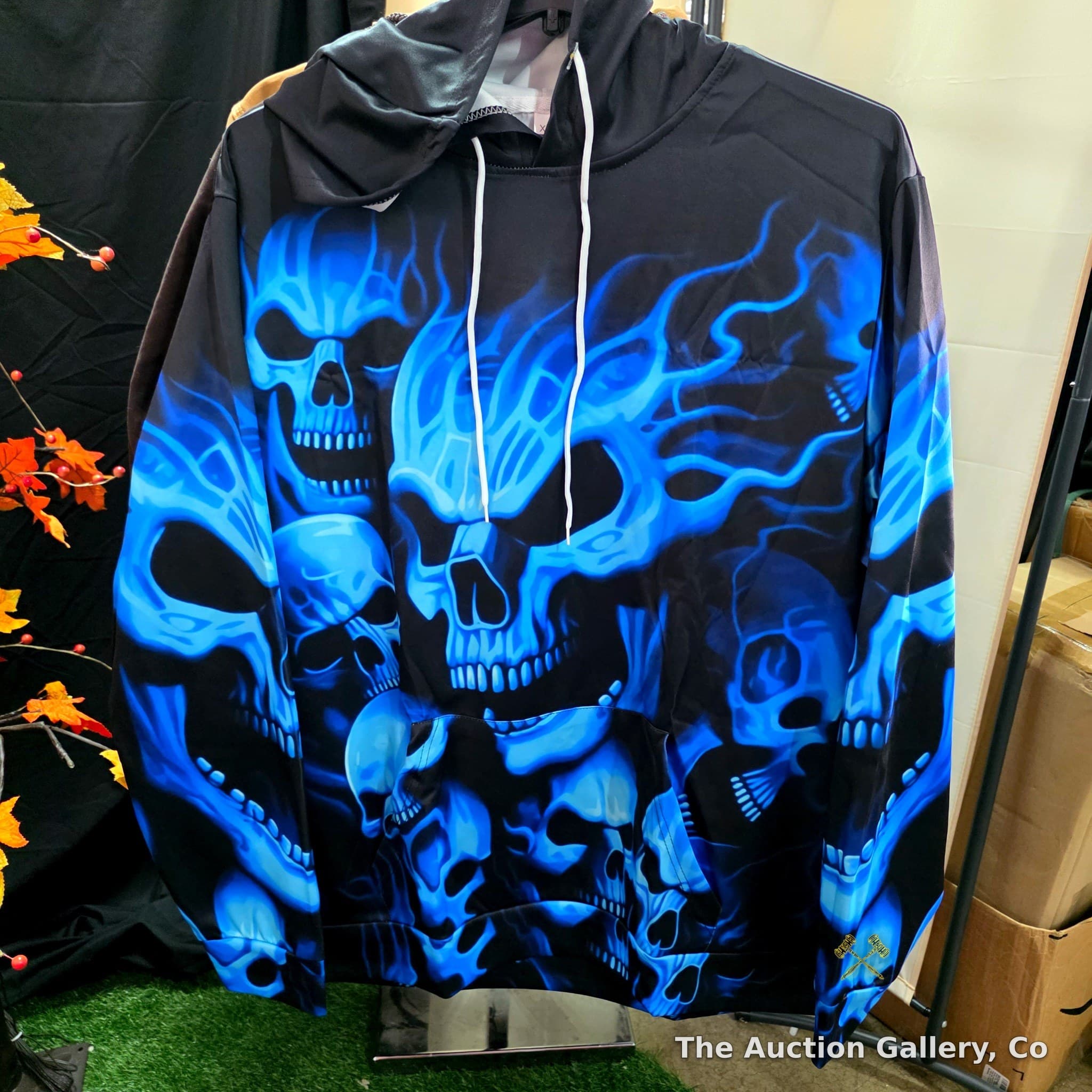 Blue Flame Skull All-Over-Print Hoodie, Size 1XXL