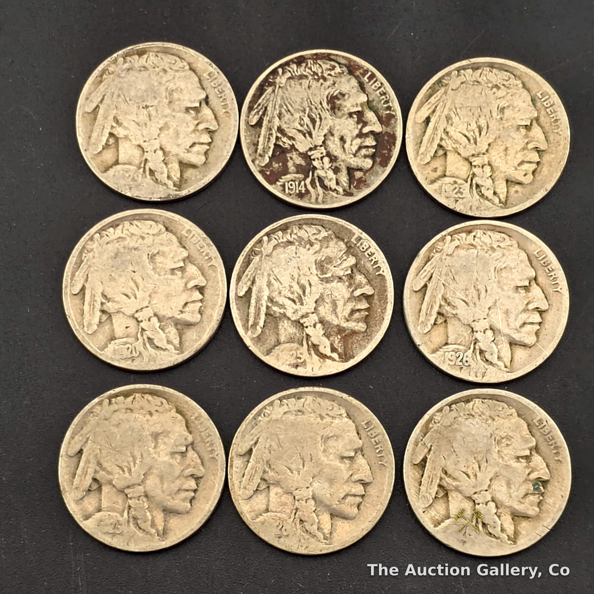 Lot of 9 Buffalo Nickels, Mixed Dates 1914โ1926