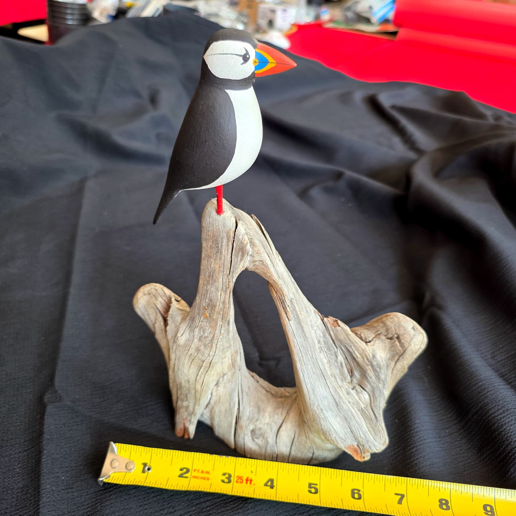 Gary Poisson Hand-Carved Painted Puffin Sculpture, Driftwood Base