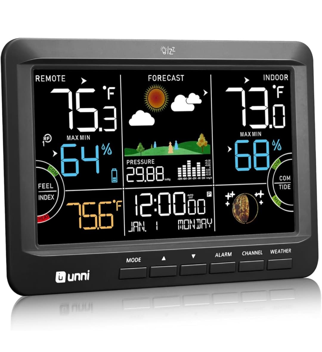 Wireless Weather Station - Atomic Clock with Large Display, Inside/Outside Temperature, Humidity Monitor, Dew Point, Barometer