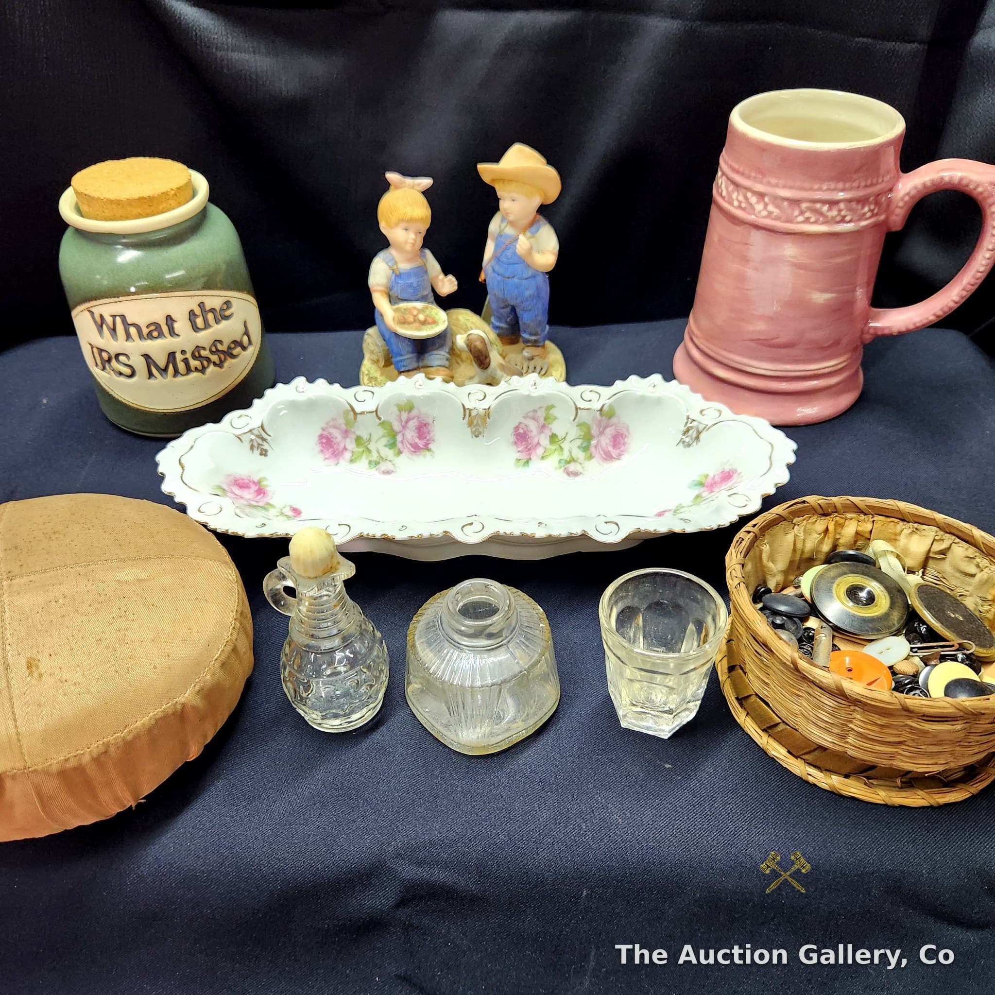 Mixed Lot of 9 โ Novelty Stein, Figurine, Porcelain Dish, Buttons & More