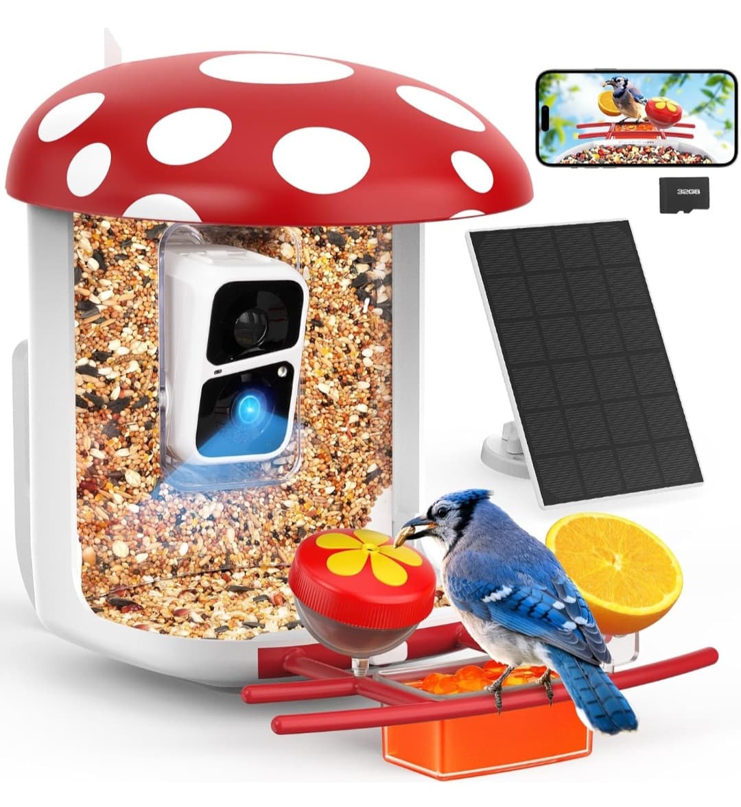 Smart Bird Feeder with Camera 2K Live Real-Time Alert AI Identify with 32G Card, DIY Attachments, Camera Bird Feeder, Solar Powered, Wireless