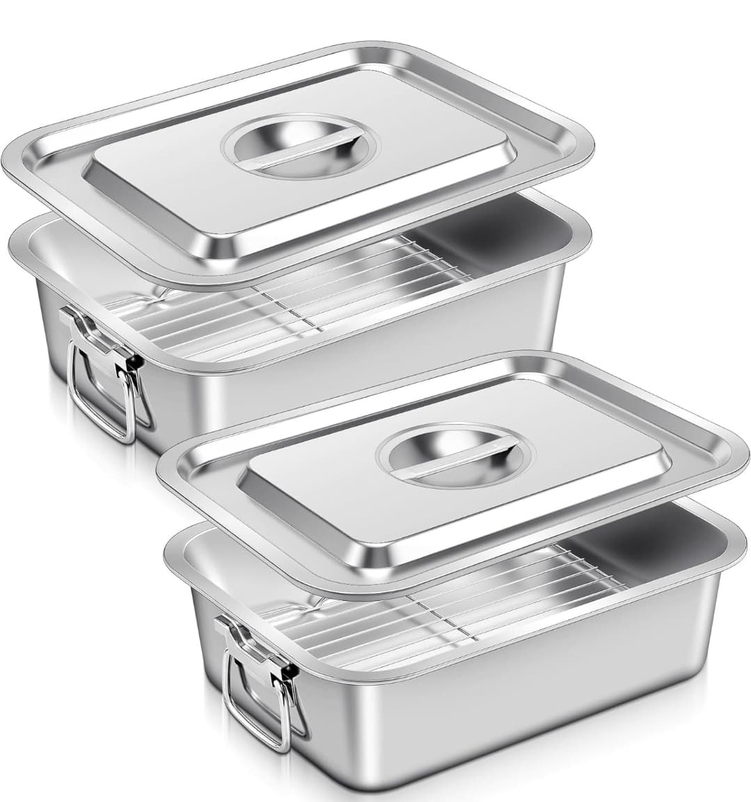 2 Pack 4 Inch Deep Lasagna Baking Pan with Lid, Handle, 14.2 x 11 Inch 7.4 Qt Large Stainless Steel Nonstick Lasagna Baking Roasting Pans with Rack, Casserole Dishes for Oven, Dishwasher