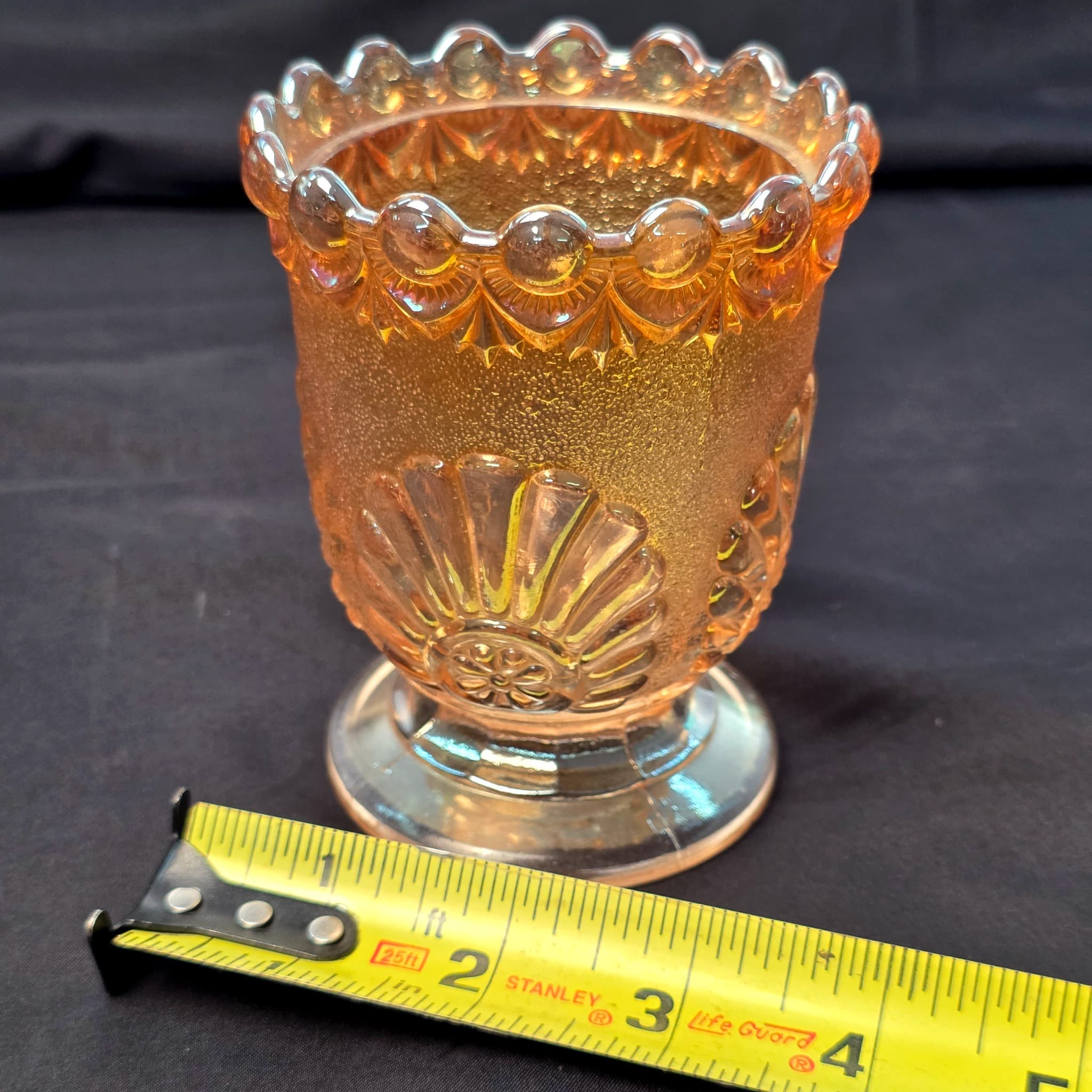 Marigold Carnival Glass Footed Toothpick Holder, 4"