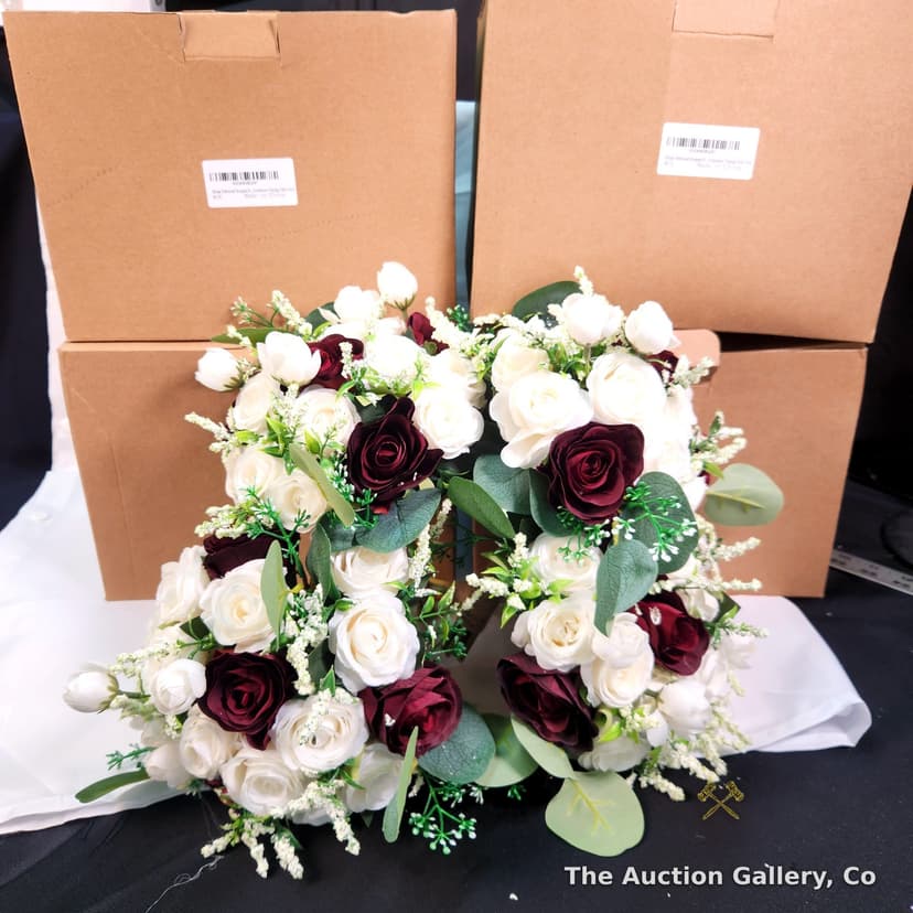 Artificial Rose Bouquets, Burgundy & White, Set of 16 (New in Box)