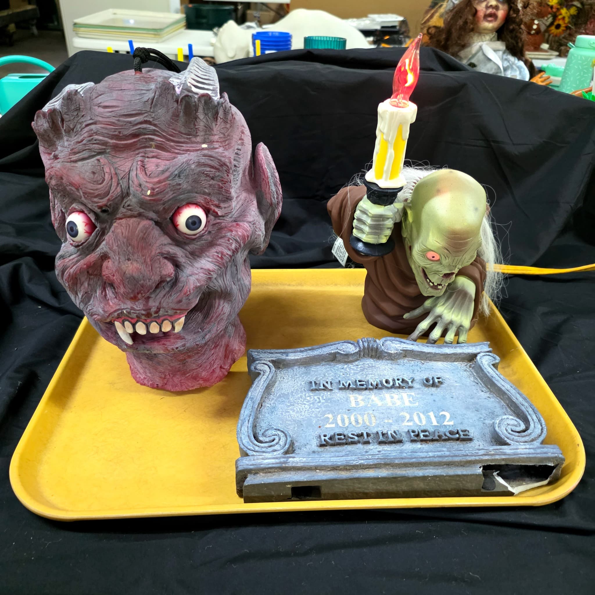 Halloween Decorations Lot, 3 Pieces β Talking Head, Light-Up Figure, Tombstone