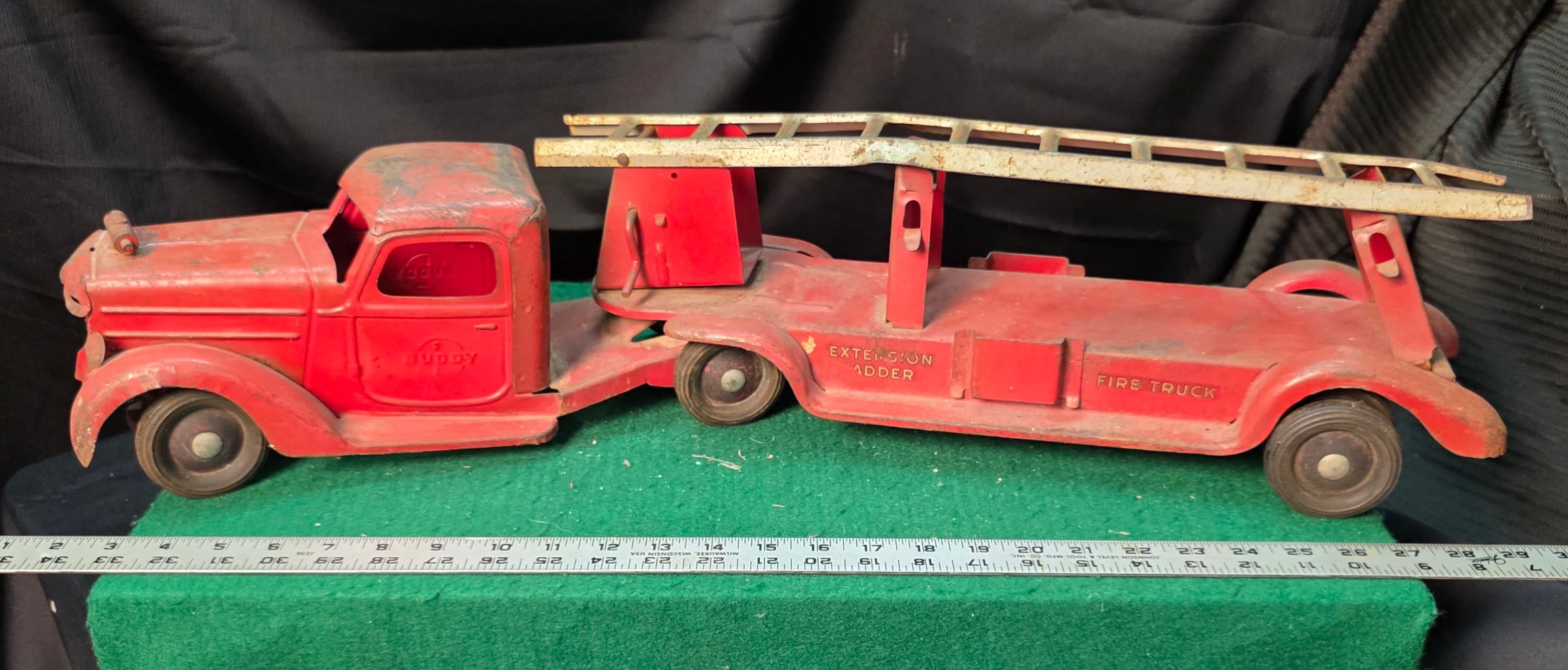 Vintage 1940s Buddy L Pressed Steel "Sit-N-Ride" Extension Ladder Fire Truck - 30" Articulated Tractor Trailer - Repair / Restoration Parts Lot