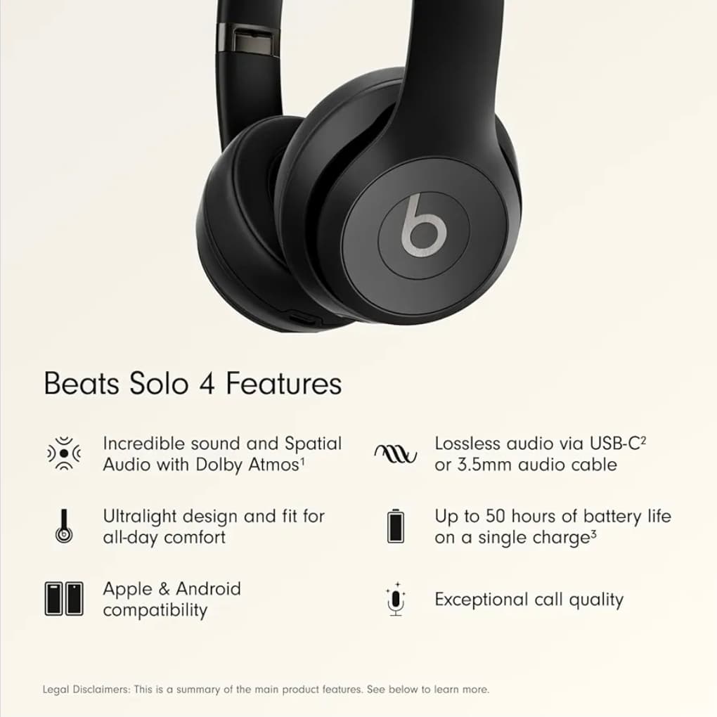Beats Solo 4 - Wireless On-Ear Bluetooth Headphones, Up to 50-Hour Battery Life, Ultra-Lightweight Comfort, Powerful and Balanced Sound, Apple & Android Compatible - Matte Black