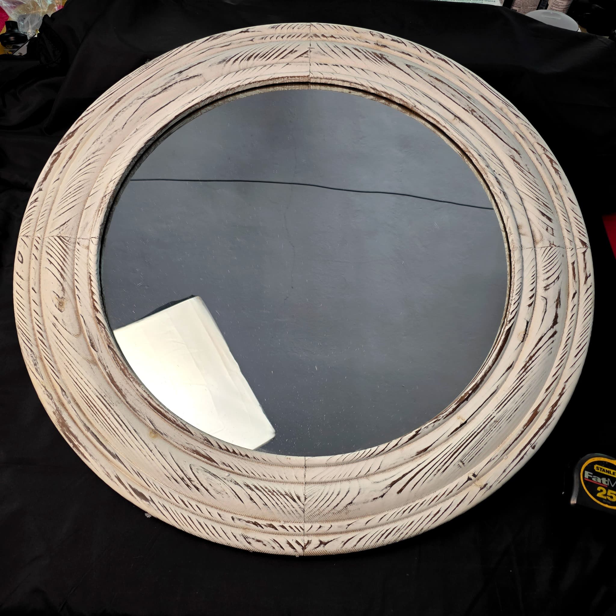 Round Wall Mirror, Whitewashed Carved Wood Frame, 31.5"
