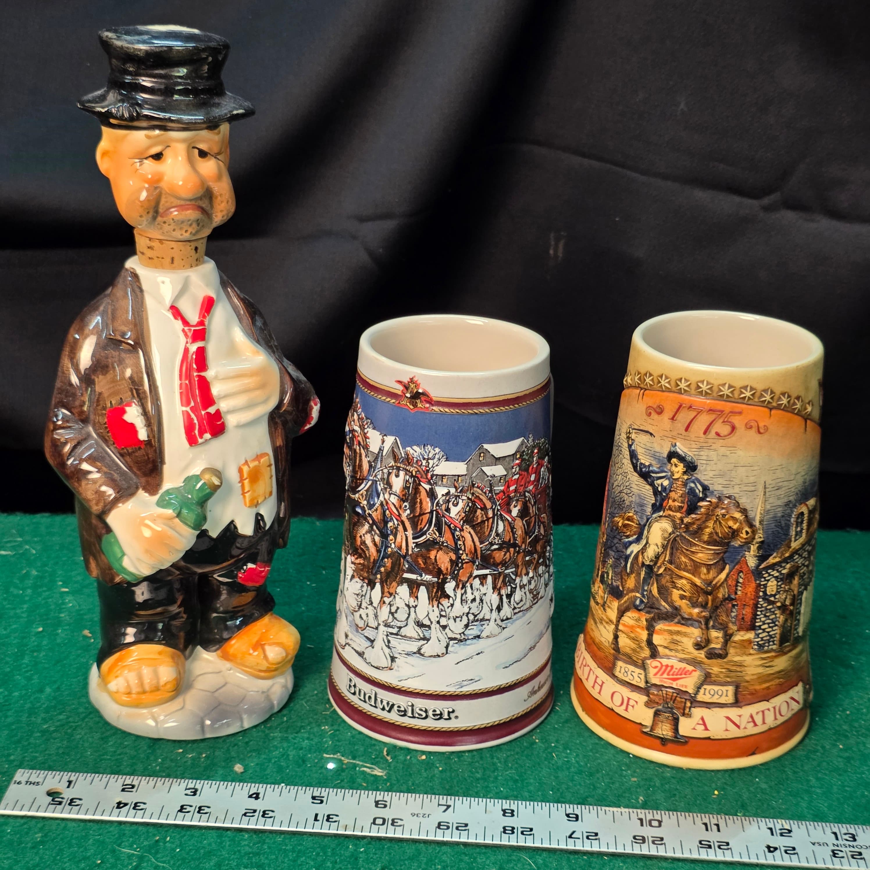 Vintage Beer Collectibles Lot โ Budweiser, Miller Steins & Figural Decanter