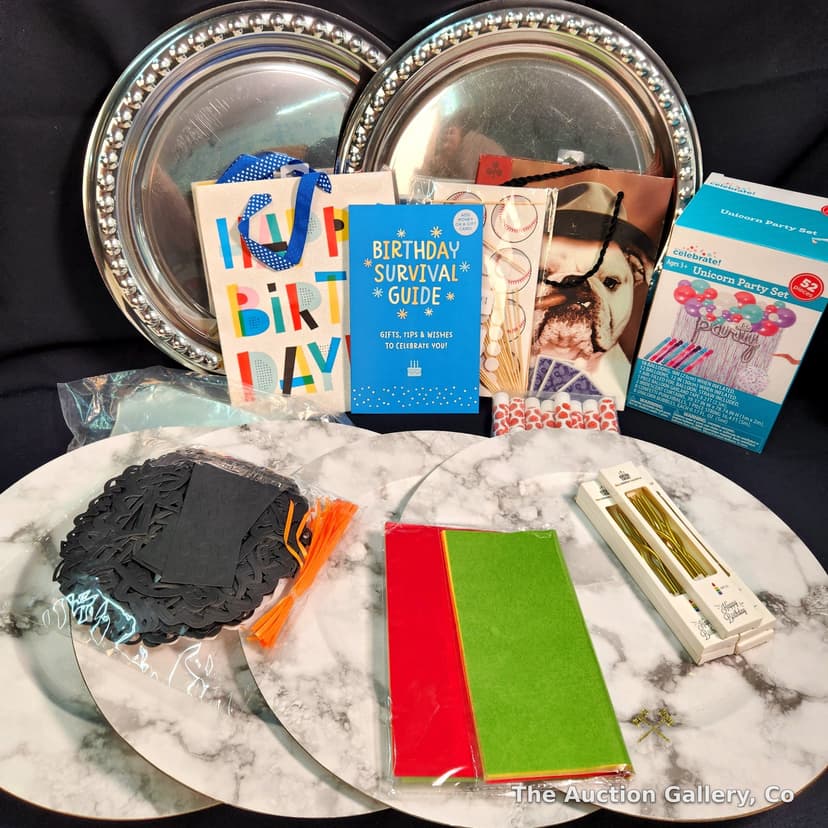 Birthday Party Supply Lot with Silver Chargers, Unicorn Set & More