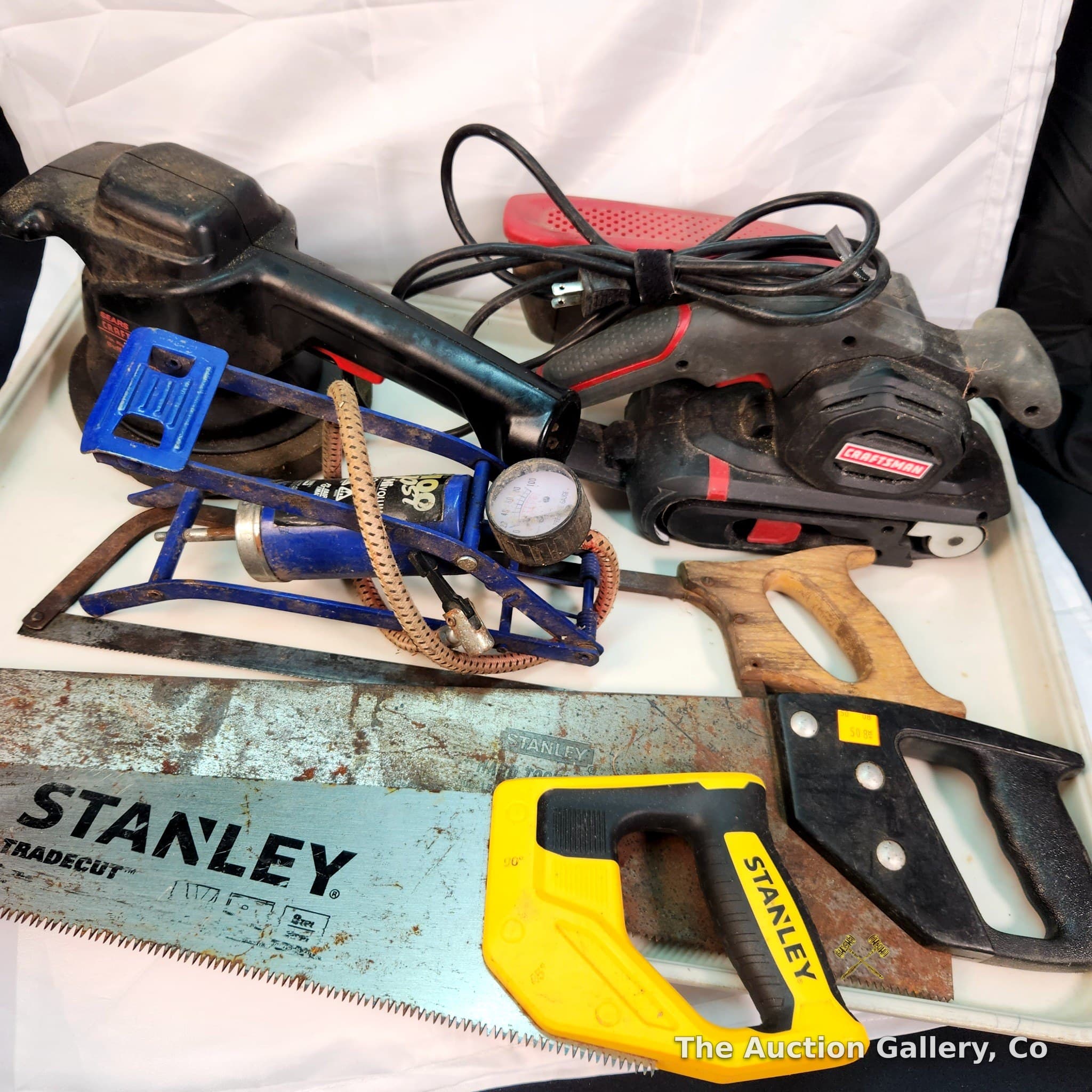 Mixed Tool Lot — Craftsman Sander, Stanley Saws, Foot Pump