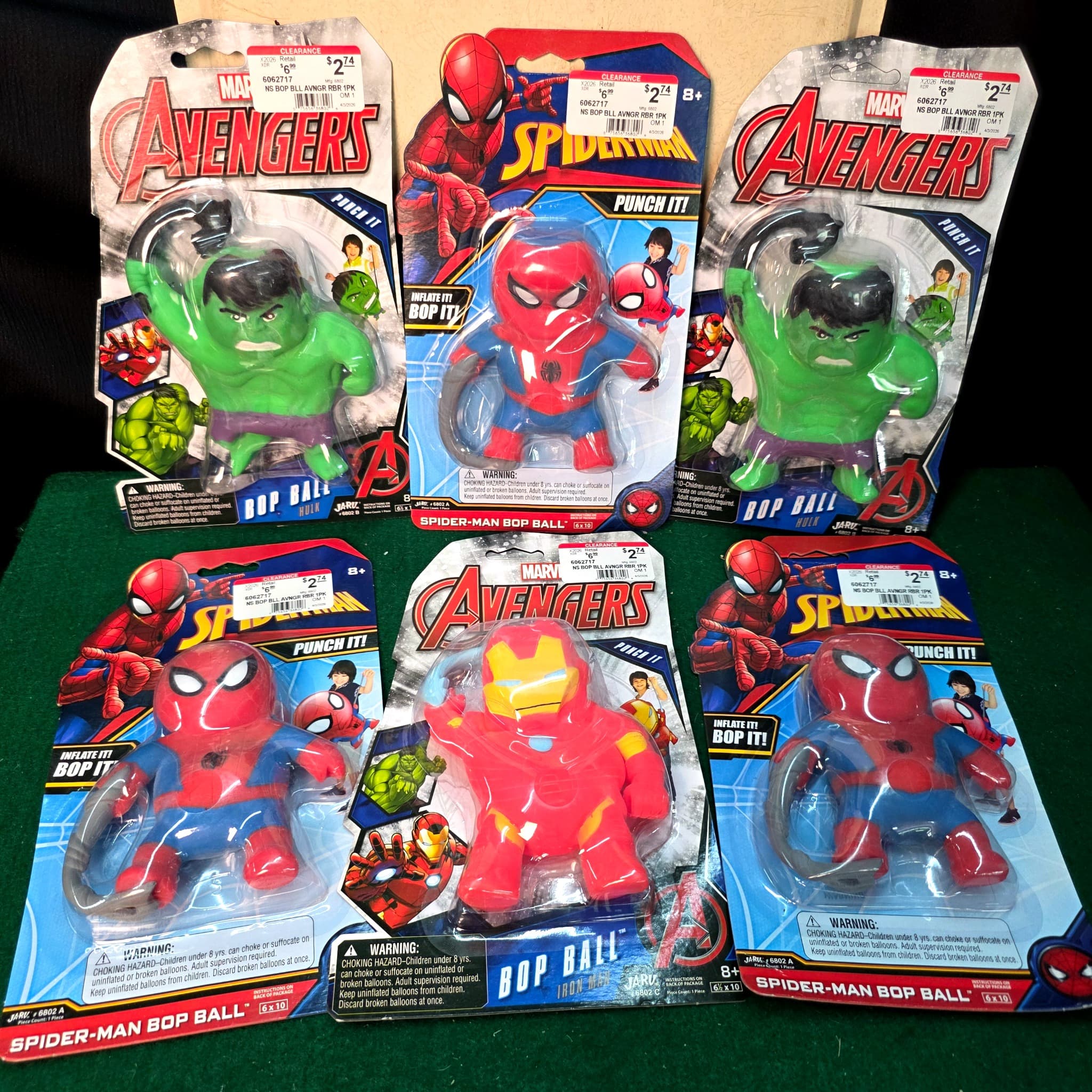 Marvel Bop Ball Lot of 6, Hulk, Iron Man, Spider-Man