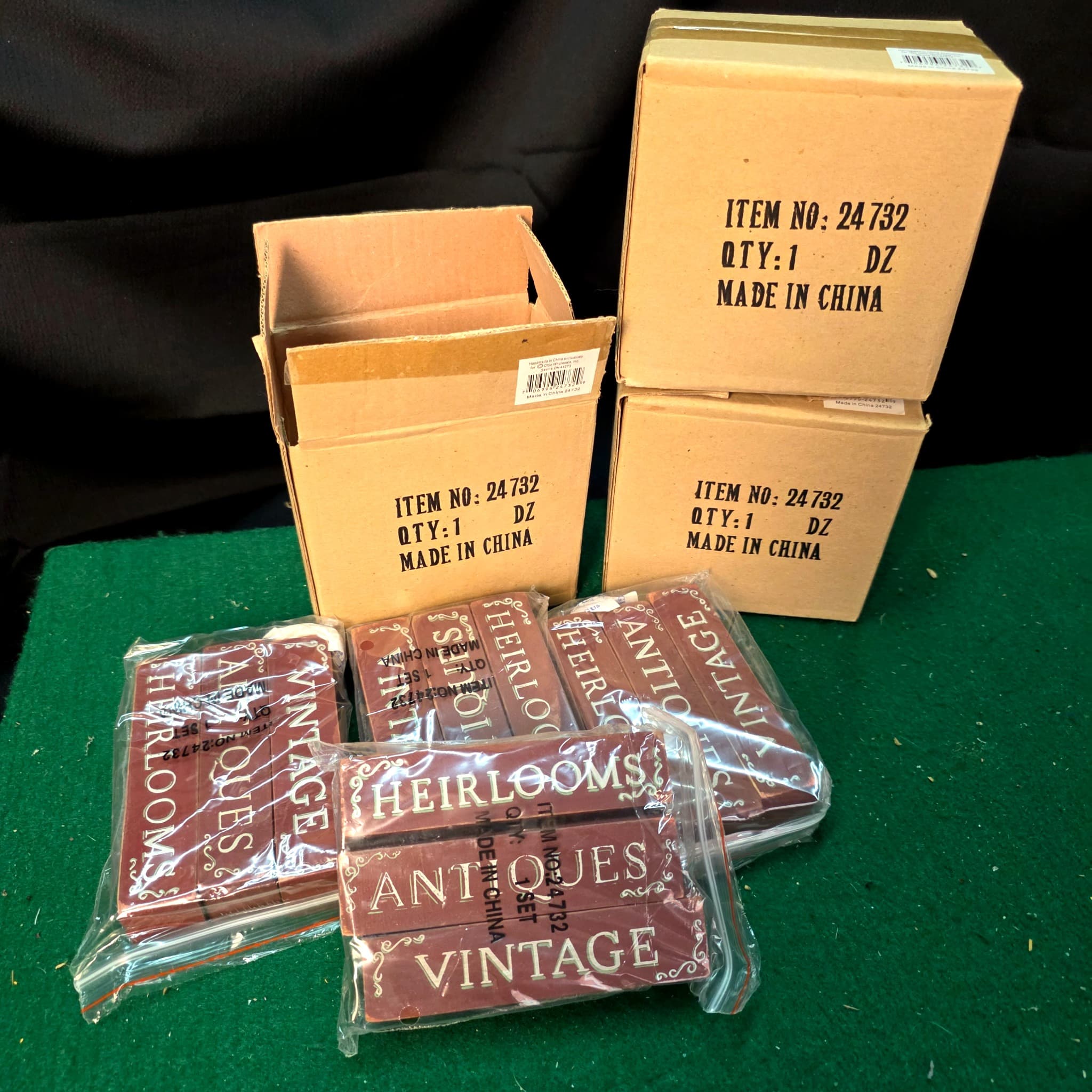Vintage Antiques Heirlooms Wooden Sign Sets, 3 Dozen Brand New