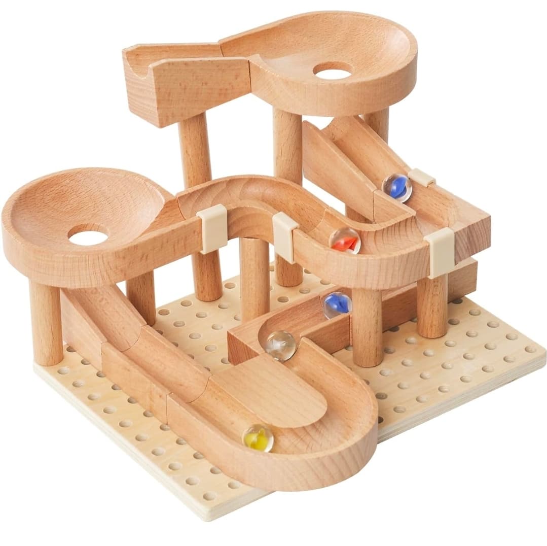 Wooden Marble Runs for Kids 4-8, 34 Pcs Marble Rush Track Maze Construction Play Set, STEM Learning Toys, Wood Building Blocks Toys, Gift for Boys & Girls
