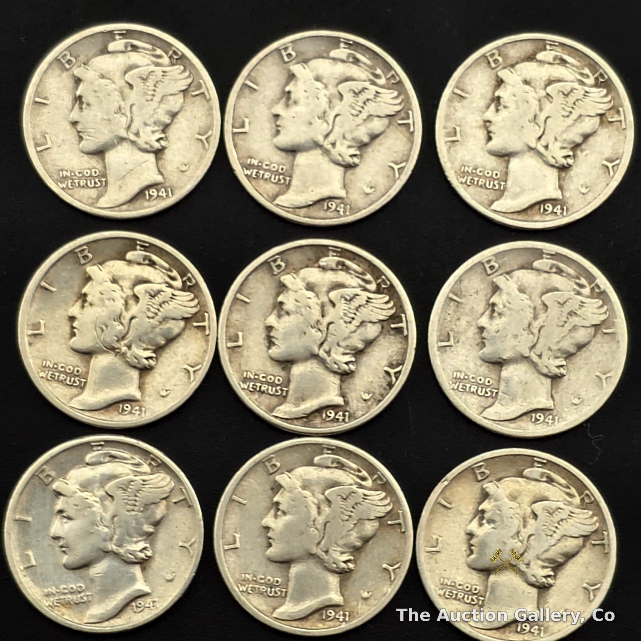 1941 Mercury Dime 90% Silver, Lot of 9