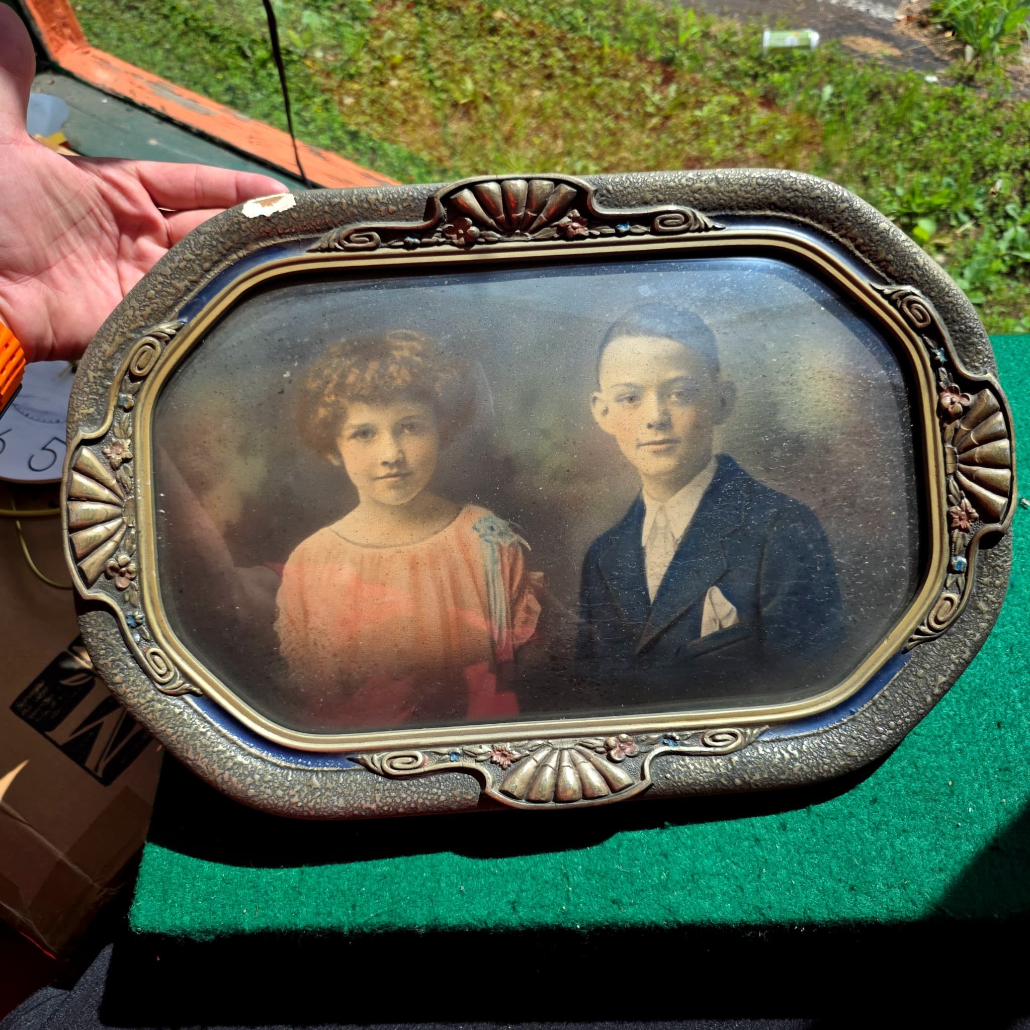 Antique Wood Portrait Frame, Bowed Glass, Hand-Colored Photo