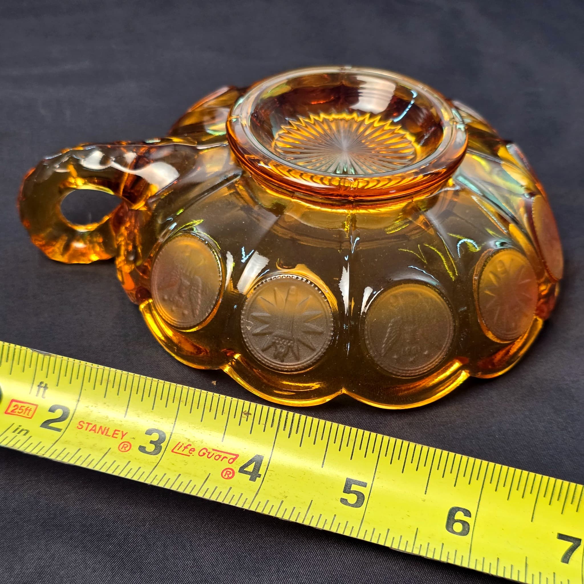 Amber Glass Coin Pattern Nappy, Handled Bowl