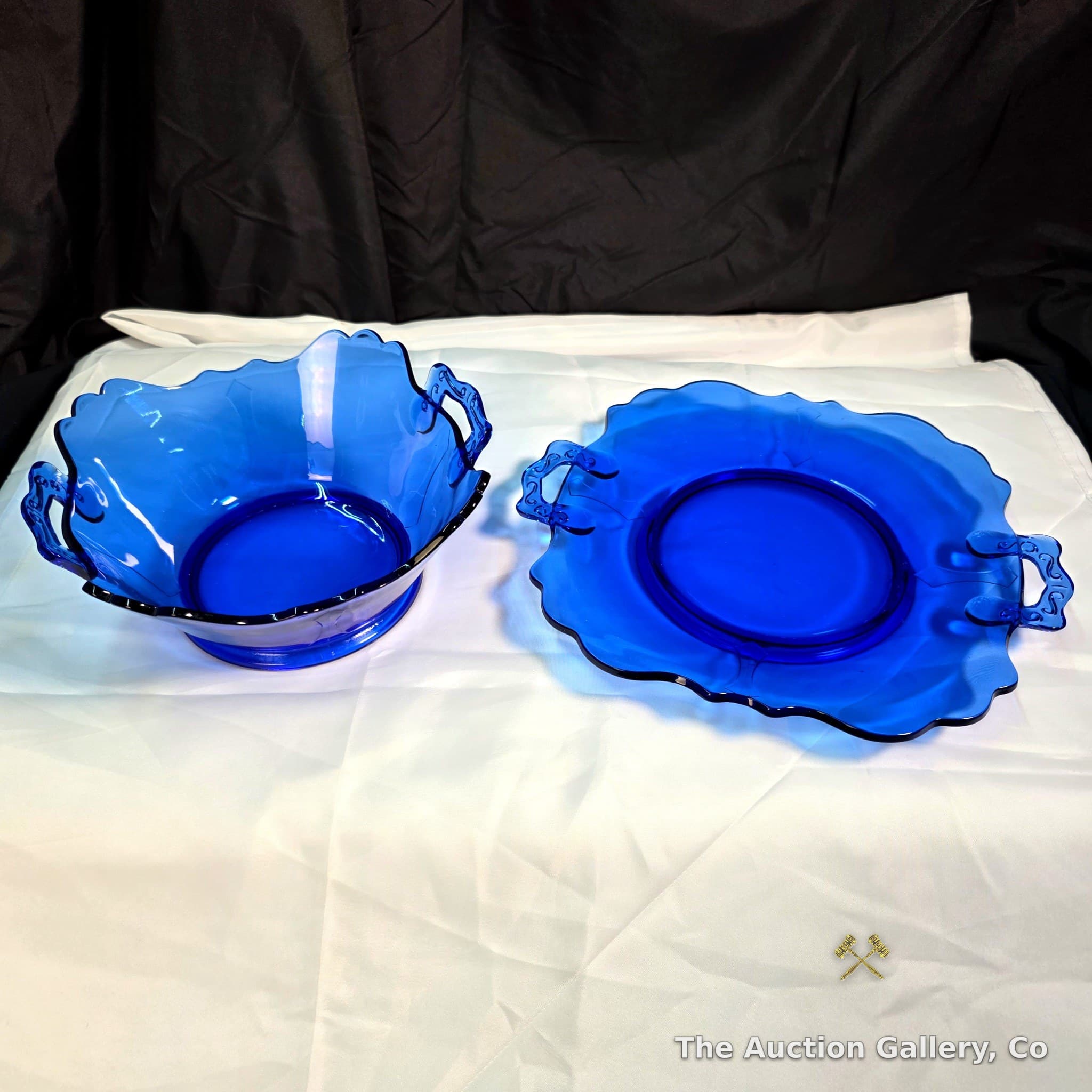 Vintage Cobalt Blue Glass Bowl and Handled Plate, Set of 2
