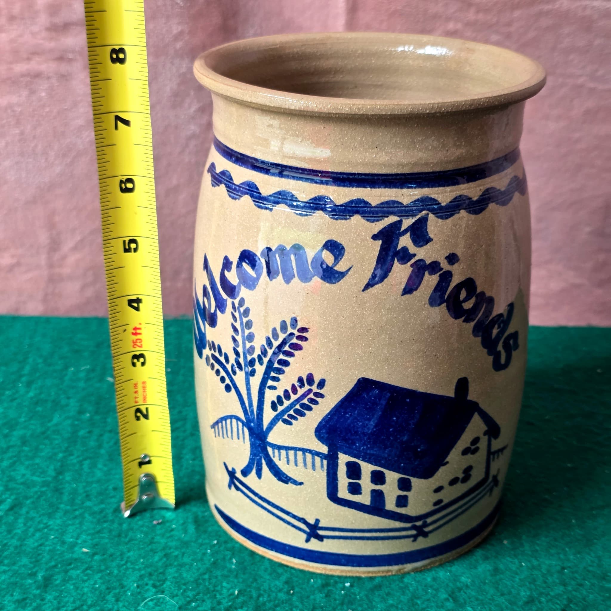 "Welcome Friends" Blue Decorated Stoneware Crock, 1990s
