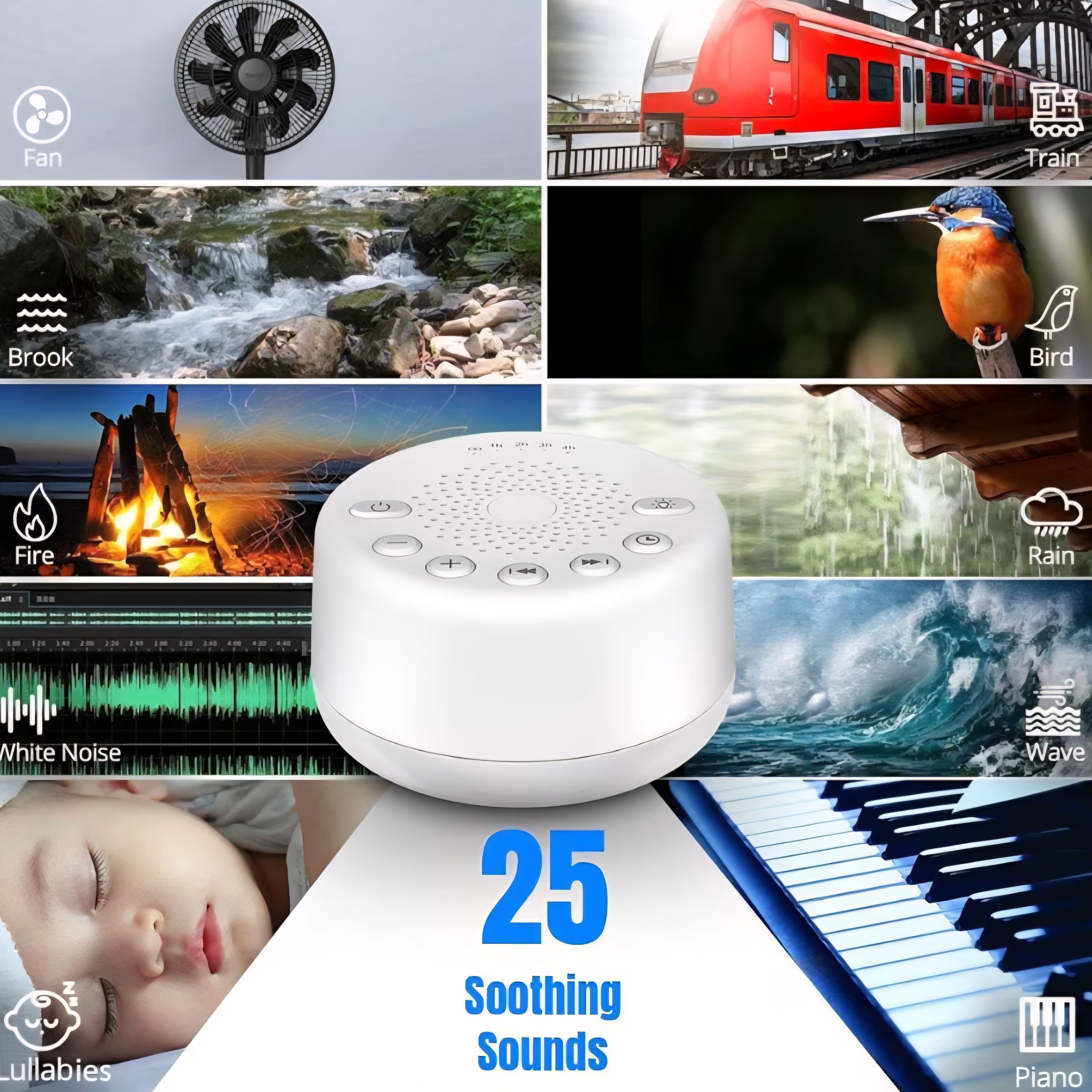 White Noise Machine - 25 Sounds - Adjustable Night Light