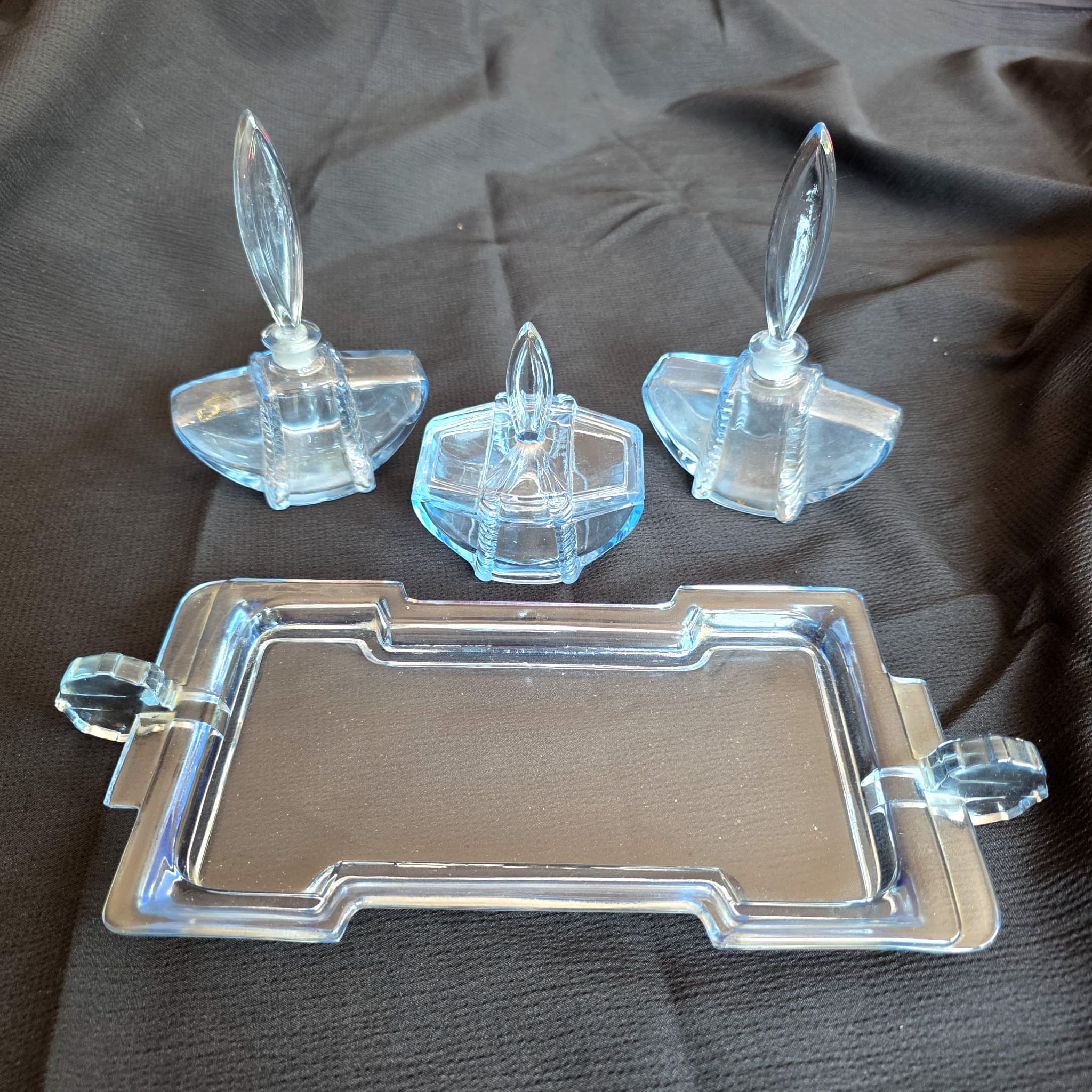 Czech Art Deco Ice Blue Glass Vanity Set, 4 Pieces