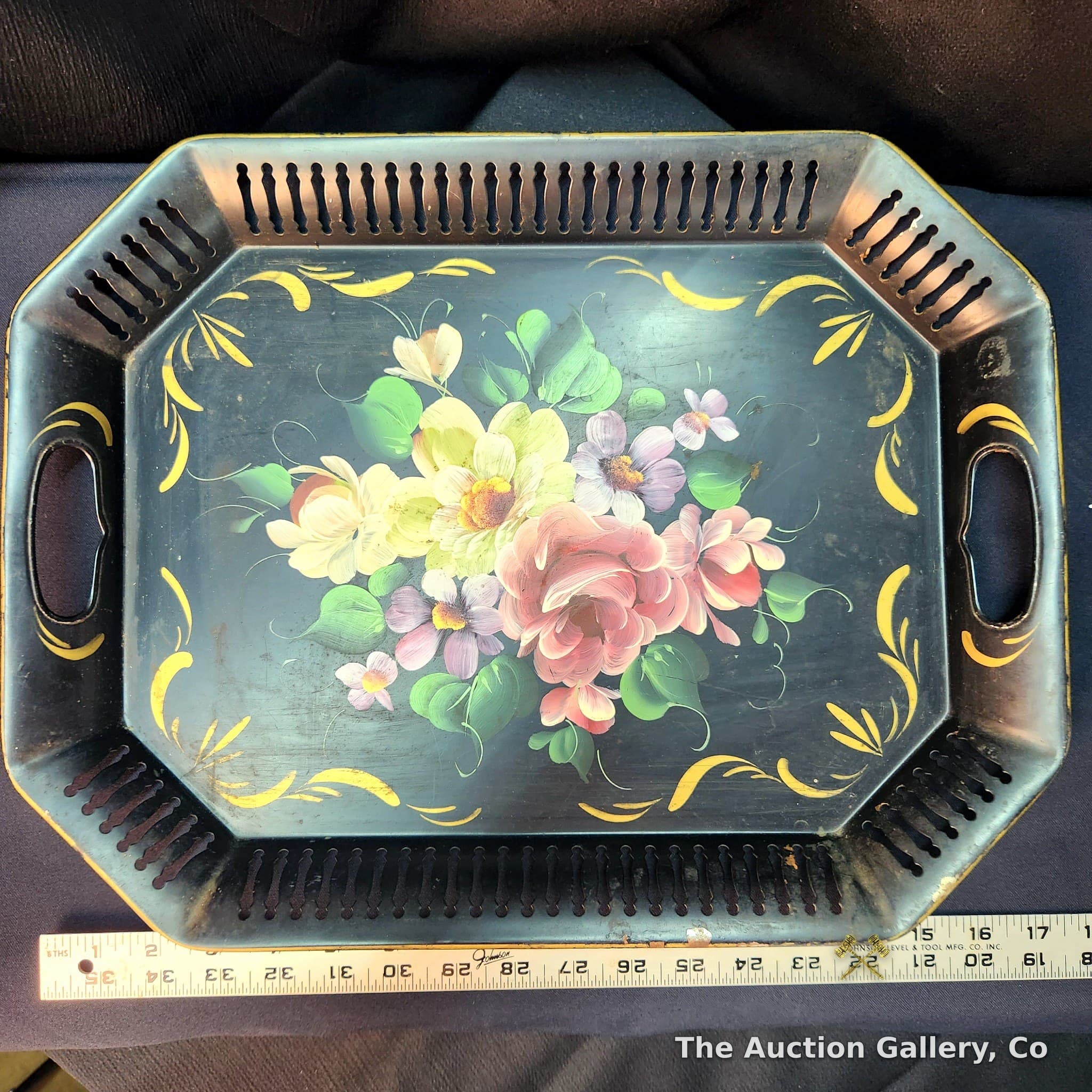 Vintage Tole-Painted Metal Serving Tray, Floral Bouquet