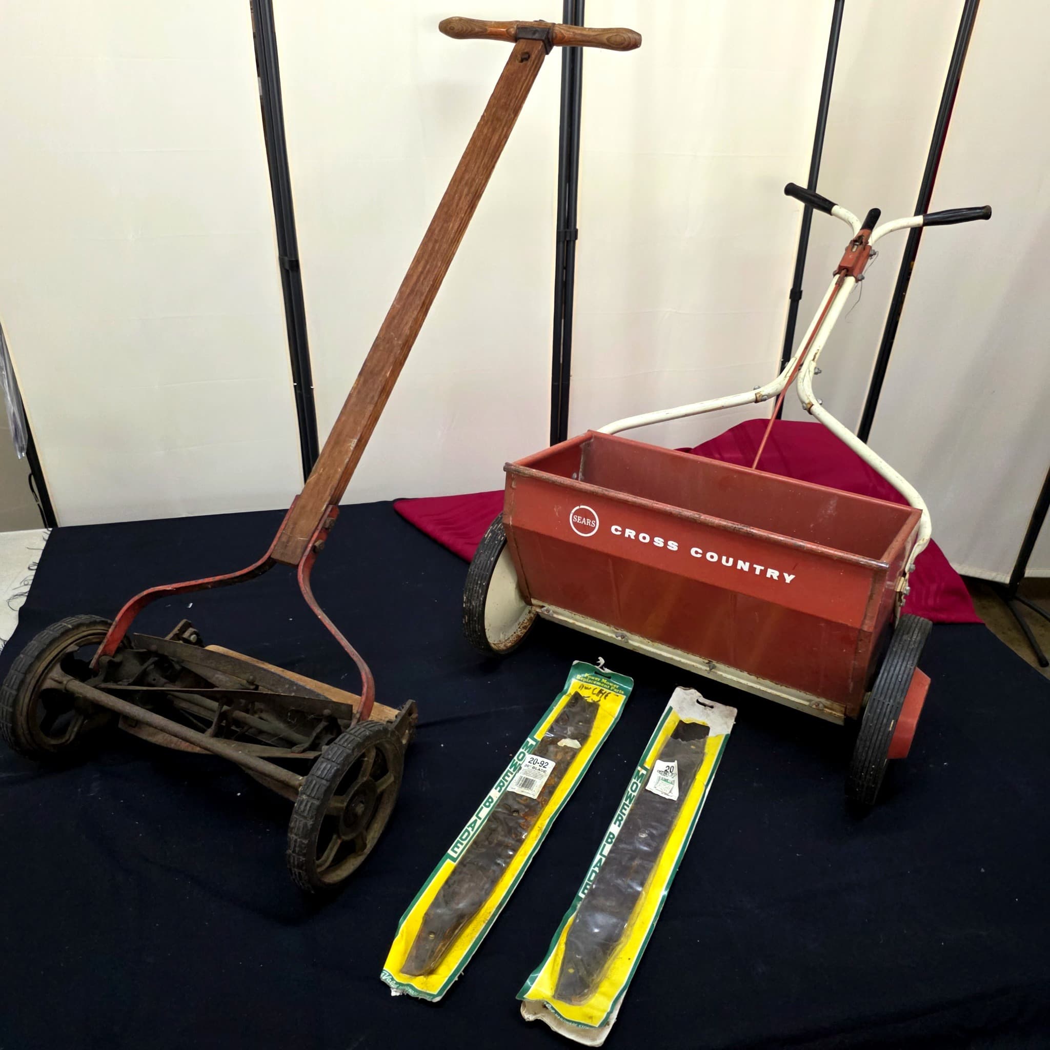 Vintage Sears Cross Country Wagon, Reel Push Mower & Blades