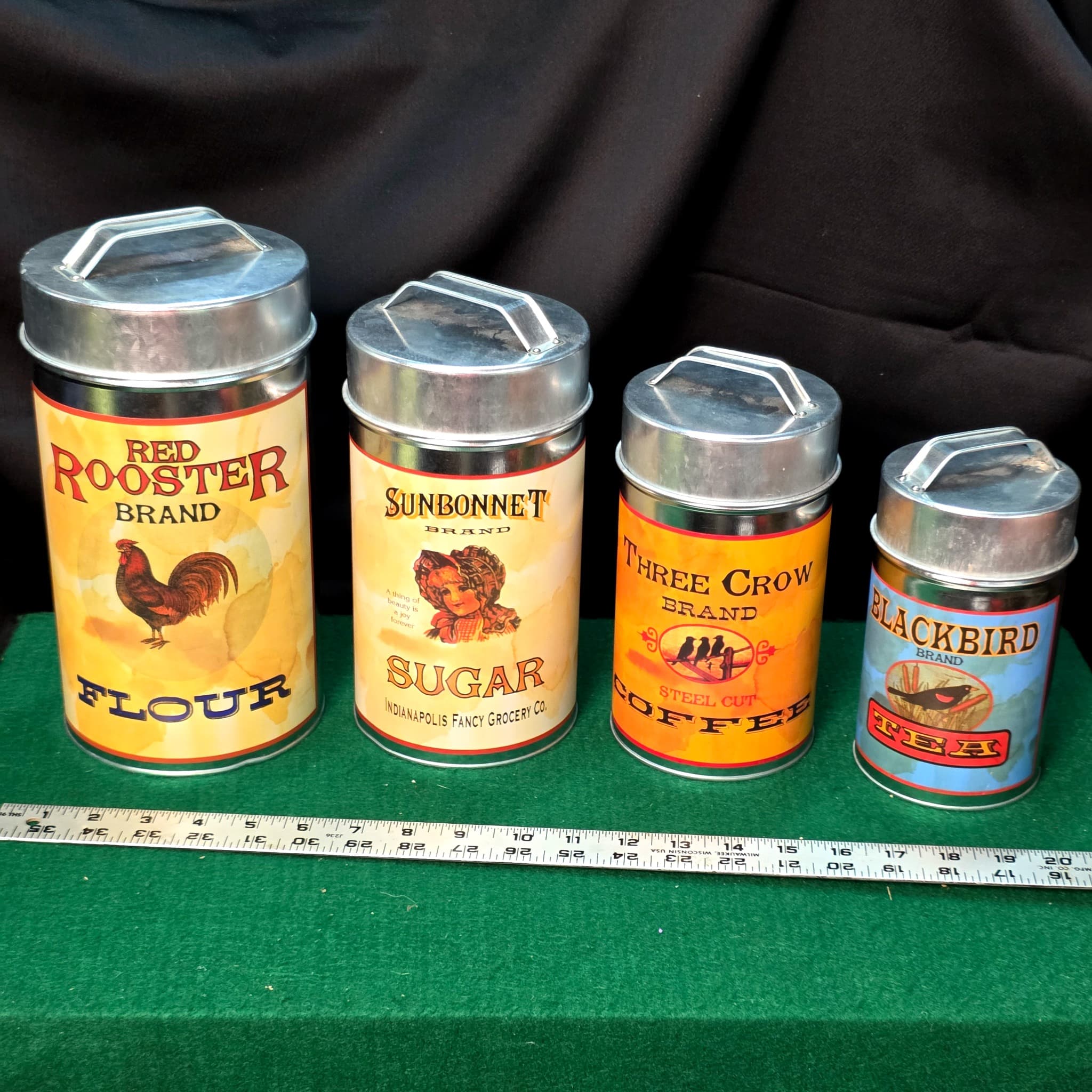 Vintage-Style Tin Canister Set of 4, Flour Sugar Coffee Tea