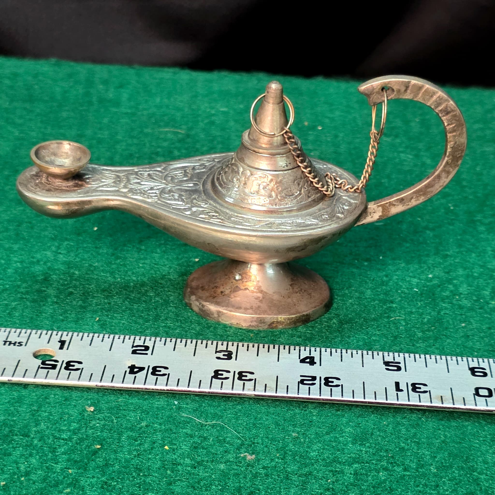 Vintage Brass Genie Oil Lamp, Engraved with Chain Lid